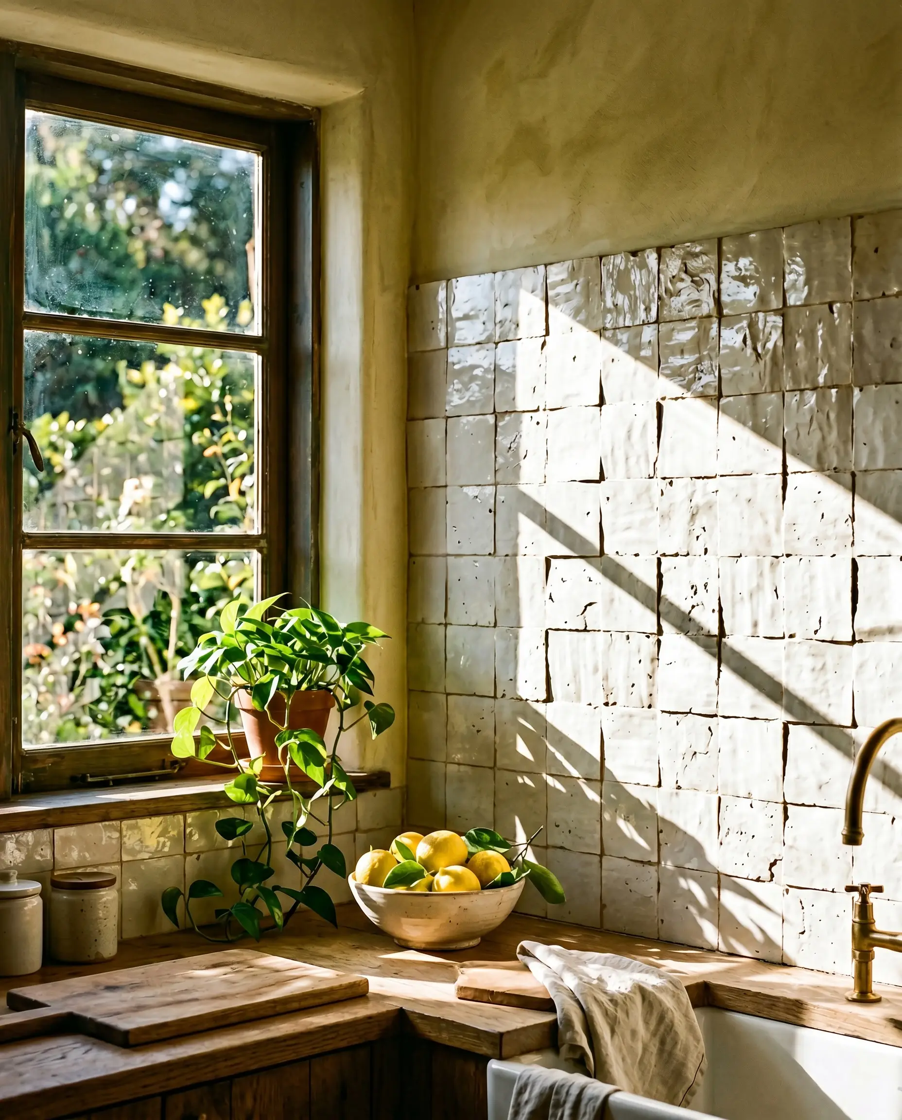An unobstructed window casts raking daylight across an undulating surface, aggressively highlighting the authentic pit and chip texture of hand-chiseled ivory tiles.