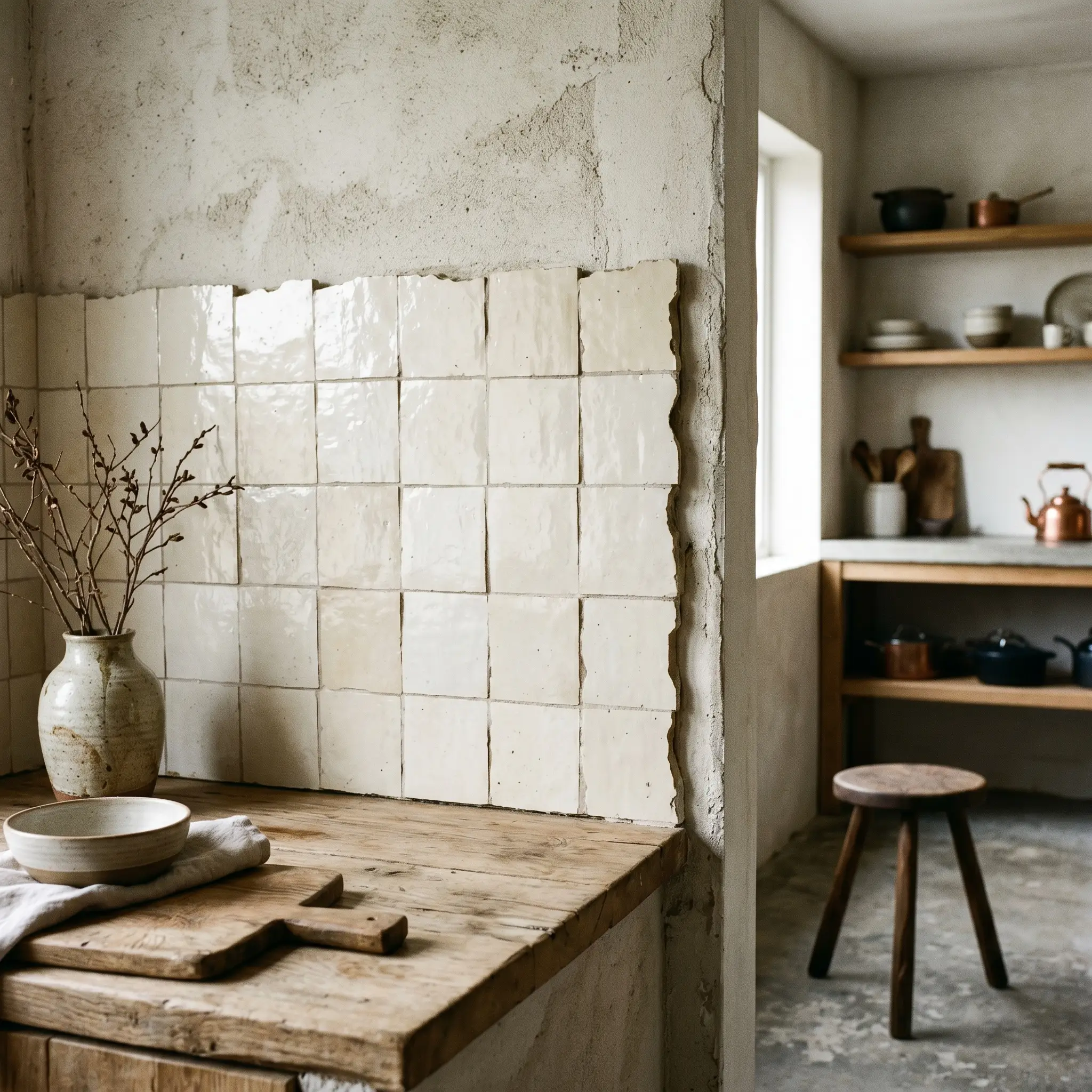 The raw jagged fully glazed edges of hand-chiseled Moroccan tiles sit slightly proud of the surrounding bare drywall without any metal trim.