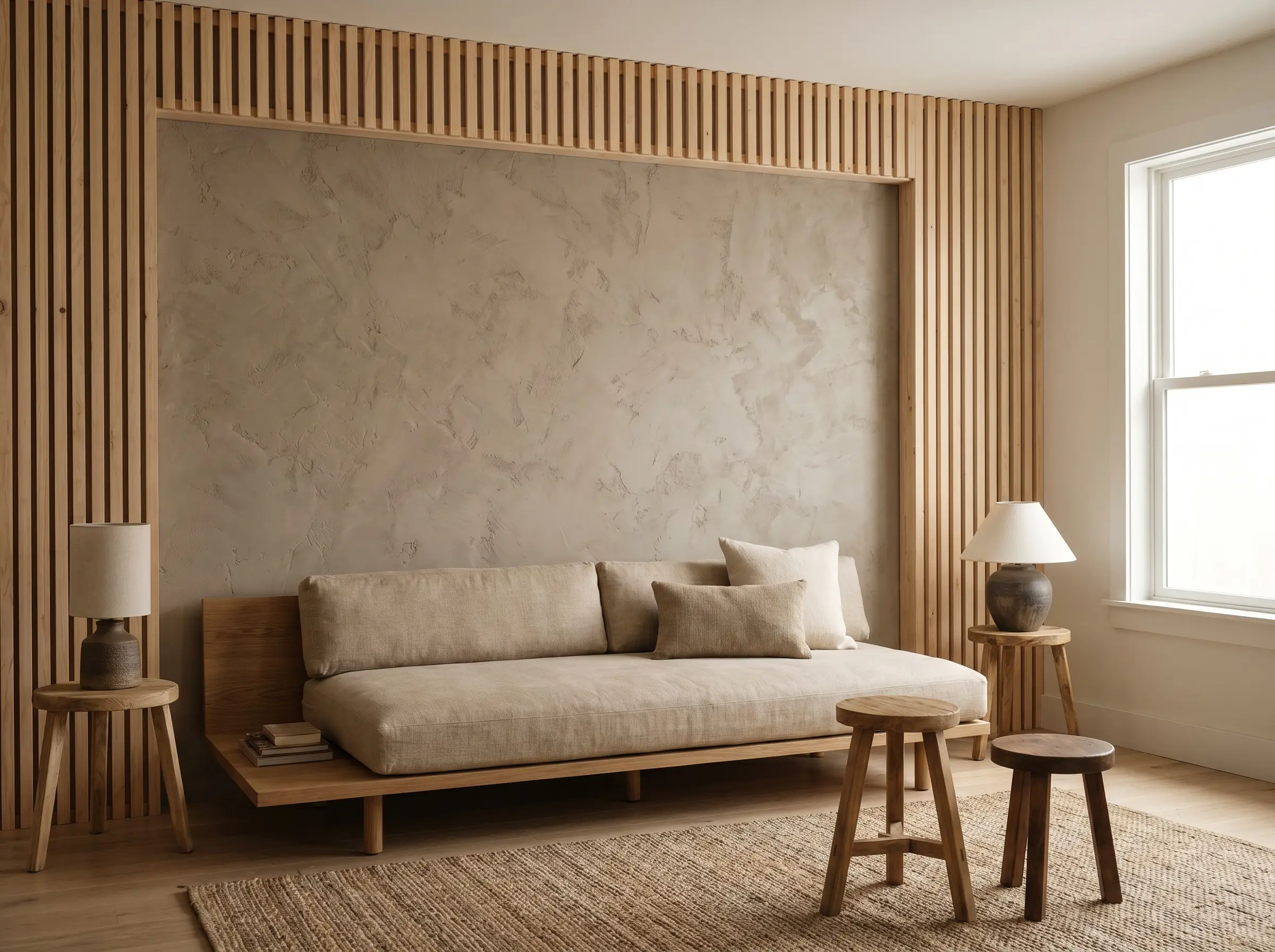 Flawless matte unfinished raw pine slats border a heavily textured Portola Paints Coda Roman clay plaster wall behind an earthy minimalist sofa.
