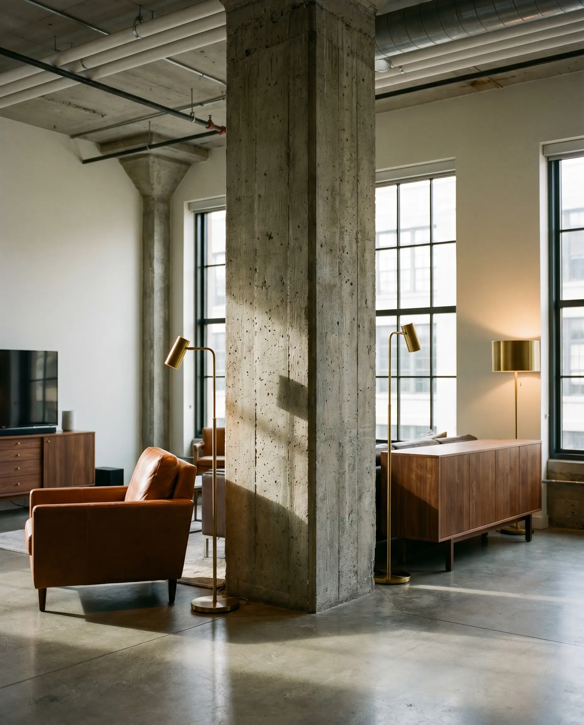 Unpainted poured concrete forms an exposed brutalist structural support in an urban loft space styled with a cognac leather armchair and rich walnut sideboards.