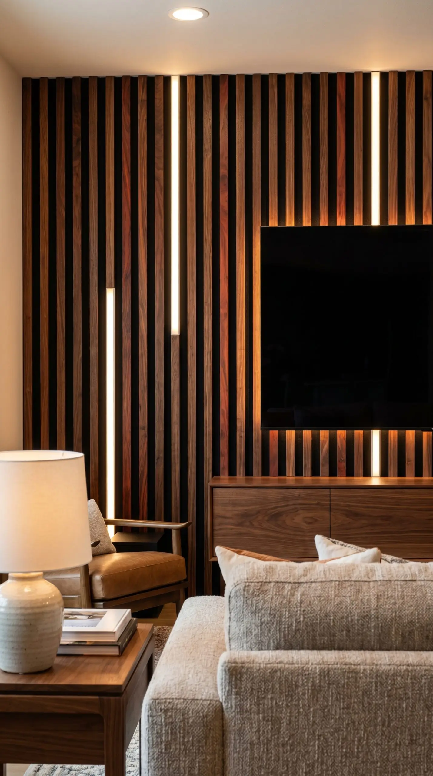 Professional-grade aluminum linear LED channels are recessed directly into the black acoustic felt backing of a walnut and dark wood slat media wall.