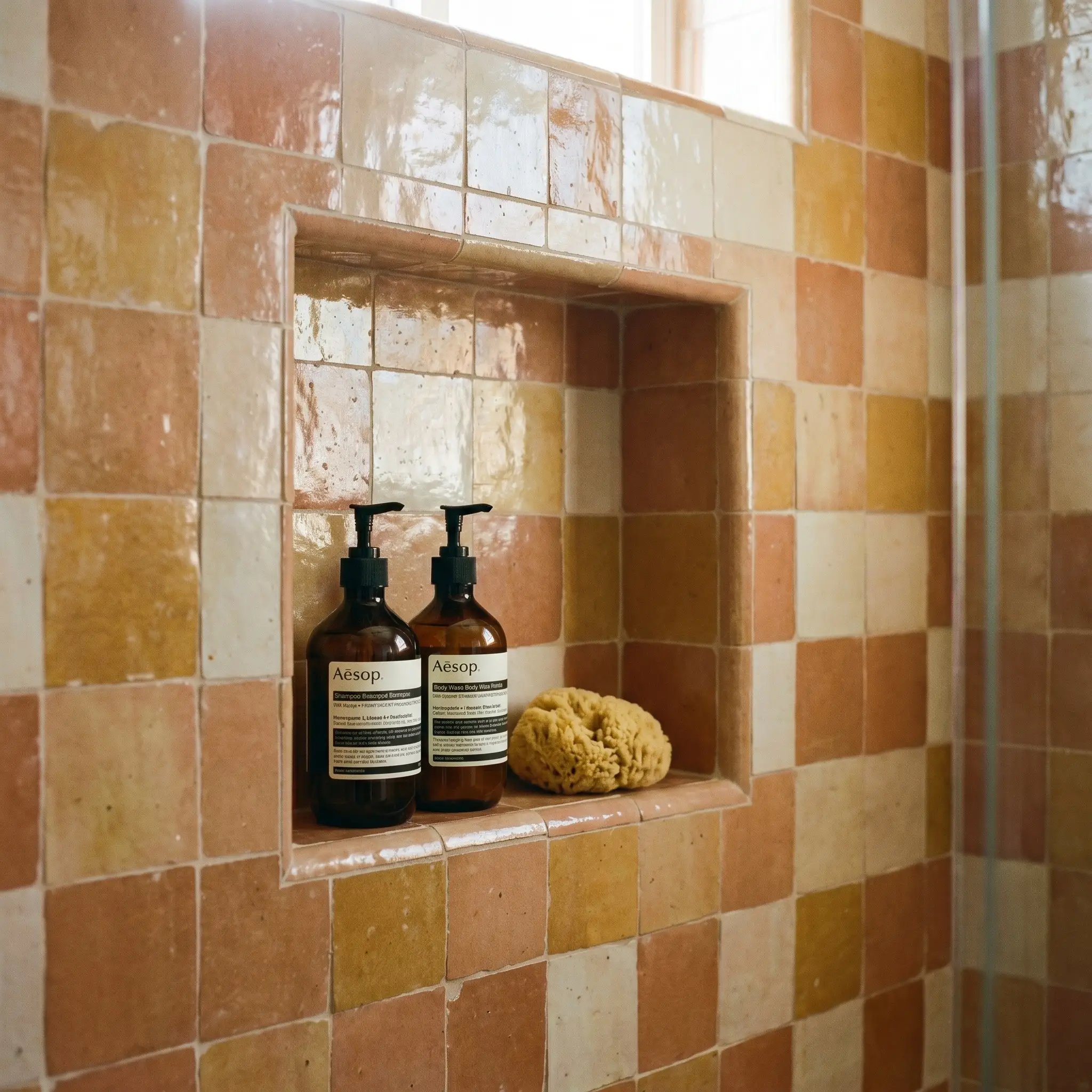 A recessed shower storage niche features custom-mitered forty-five-degree tile edges holding premium amber glass shampoo bottles and a natural sea sponge.