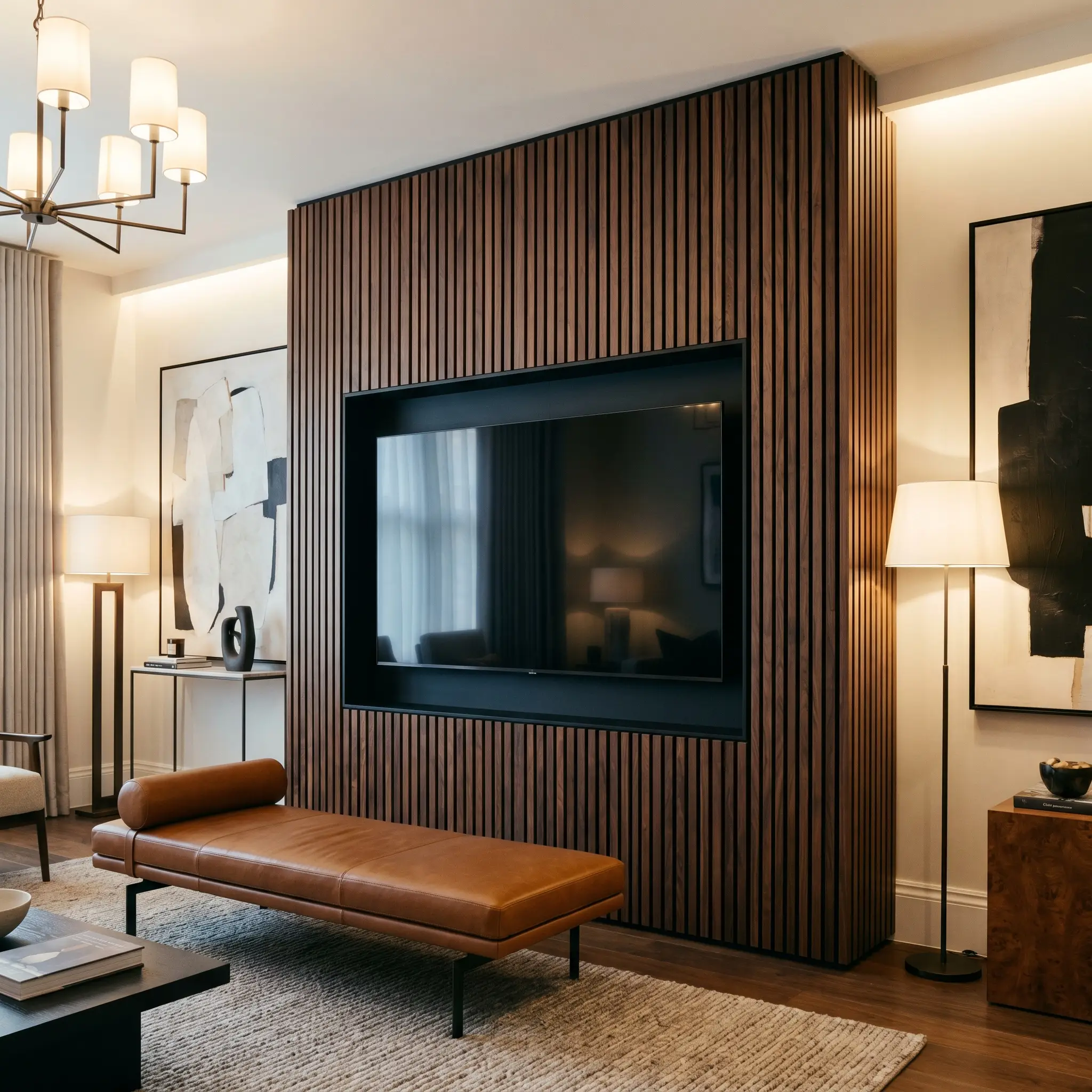 A flat-screen television sits completely flush inside a matte black recessed niche built into a custom dark wood batten media wall above a leather bench.