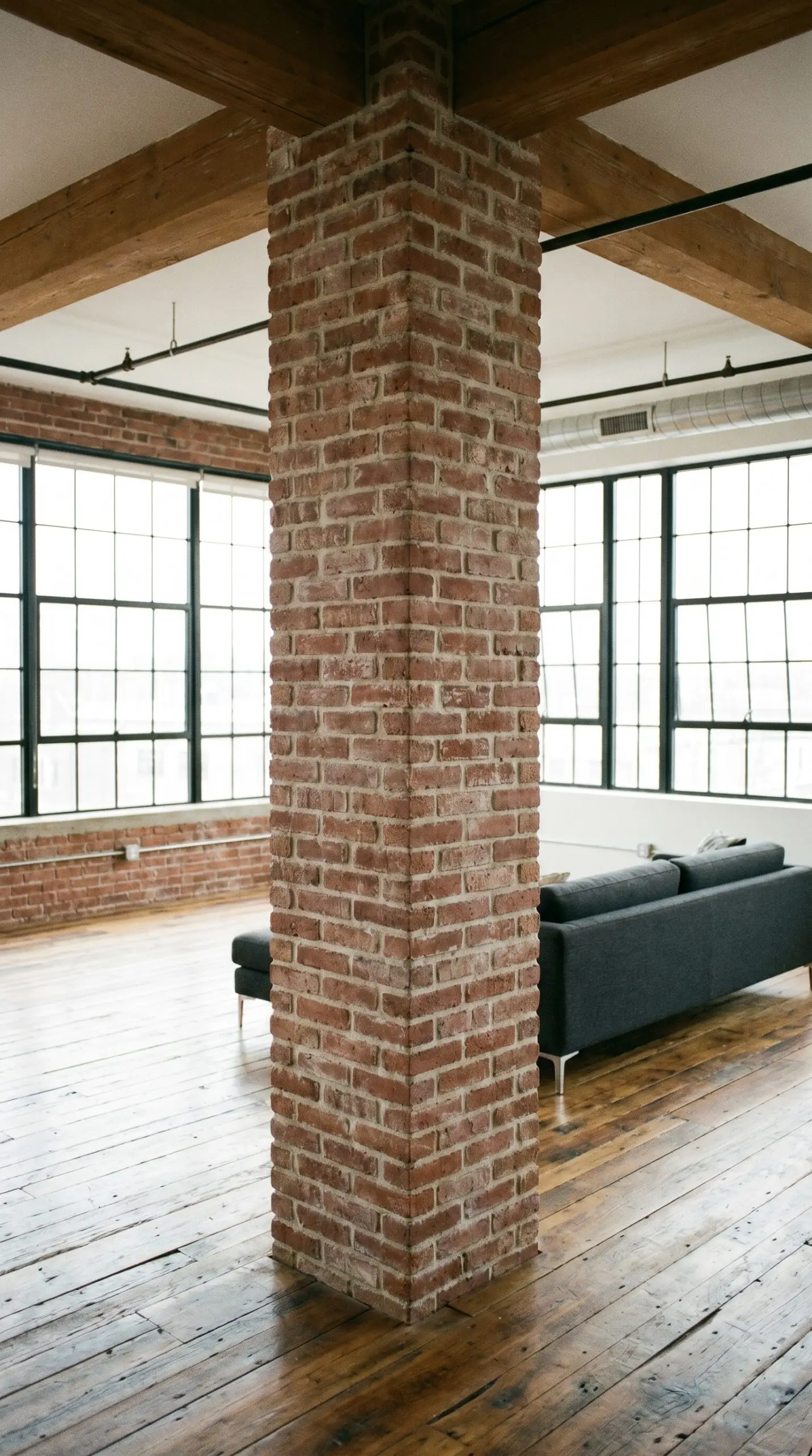 Reclaimed thin red brick veneer with a subtle German smear wraps a structural support in a historic urban loft featuring a contemporary charcoal sofa.