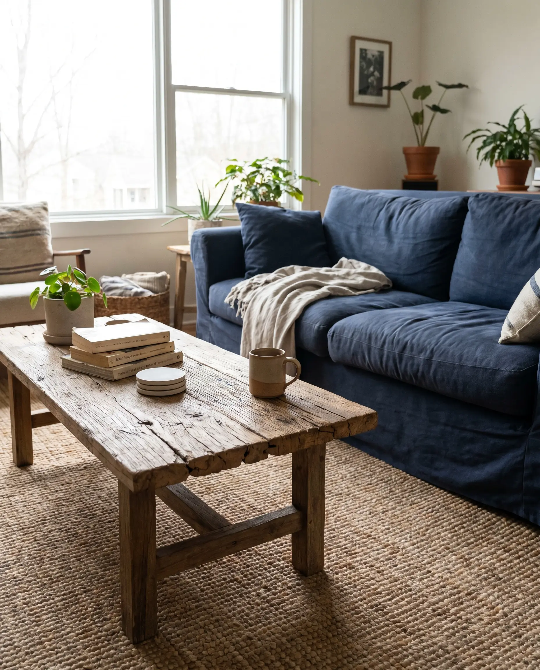 An imperfect reclaimed teak coffee table with raw textures grounds a casual navy blue slipcovered cotton sofa over a chunky natural jute rug.