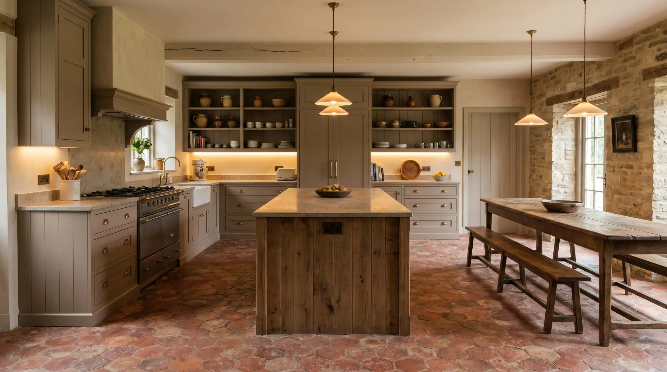 Reclaimed terracotta hexagon floor pavers with heavily patinated red and orange tones anchor a European farmhouse kitchen featuring soft neutral taupe cabinetry.