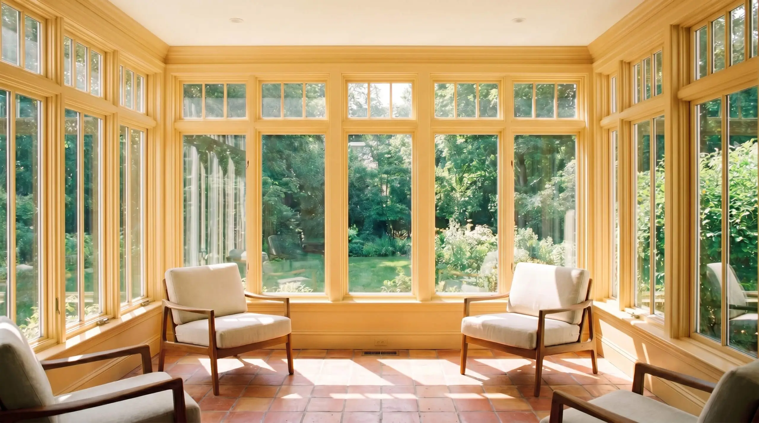 Reclaimed terracotta tiles ground a bright sunroom furnished with mid-century teak chairs, performance linen slipcovers, and expansive golden tan window sashes framing an outdoor view.