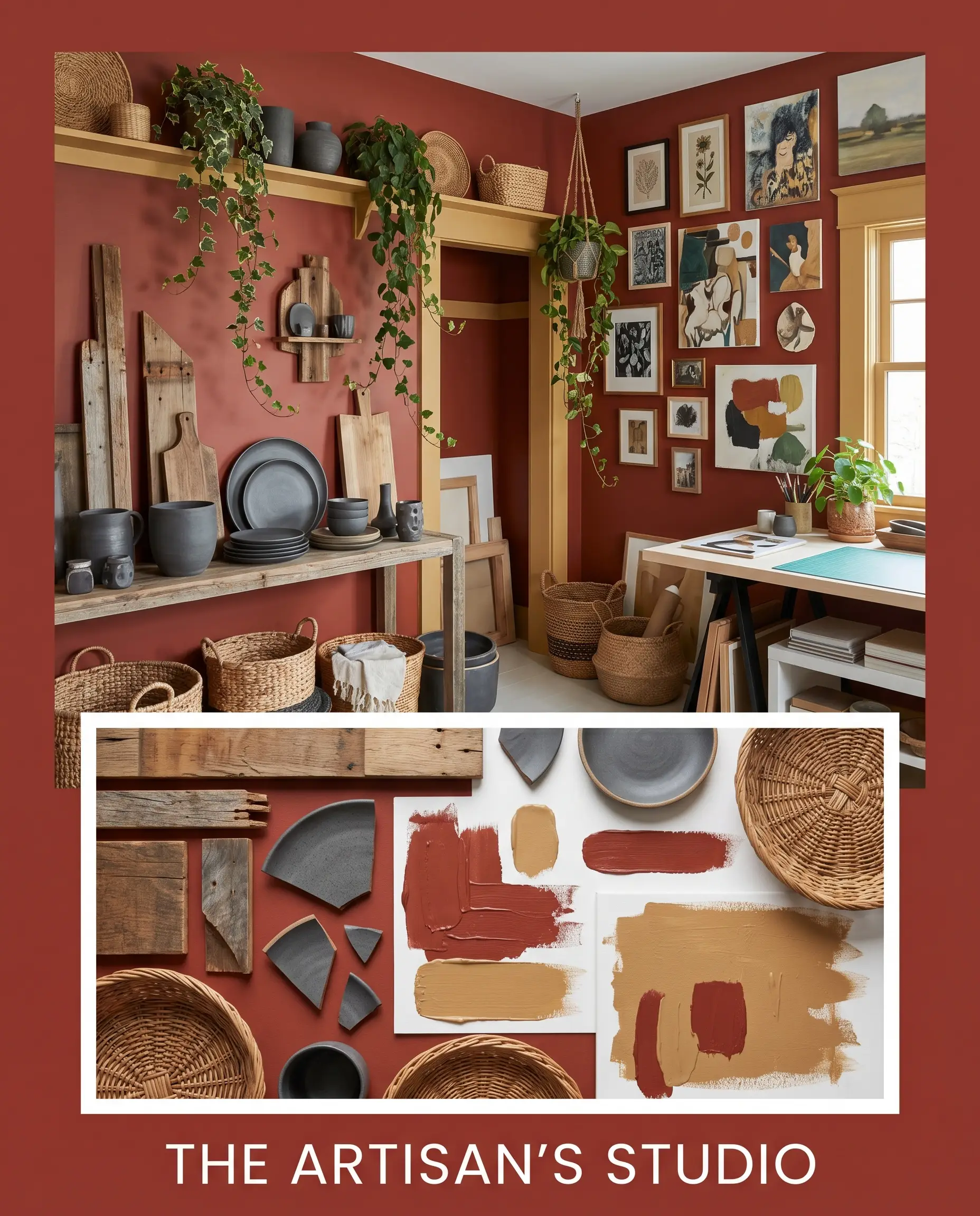 Reclaimed wood architectural salvage and dark grey stoneware fragments rest below a creative studio highlighting woven baskets and an asymmetrical gallery wall against an earthy brick tone.