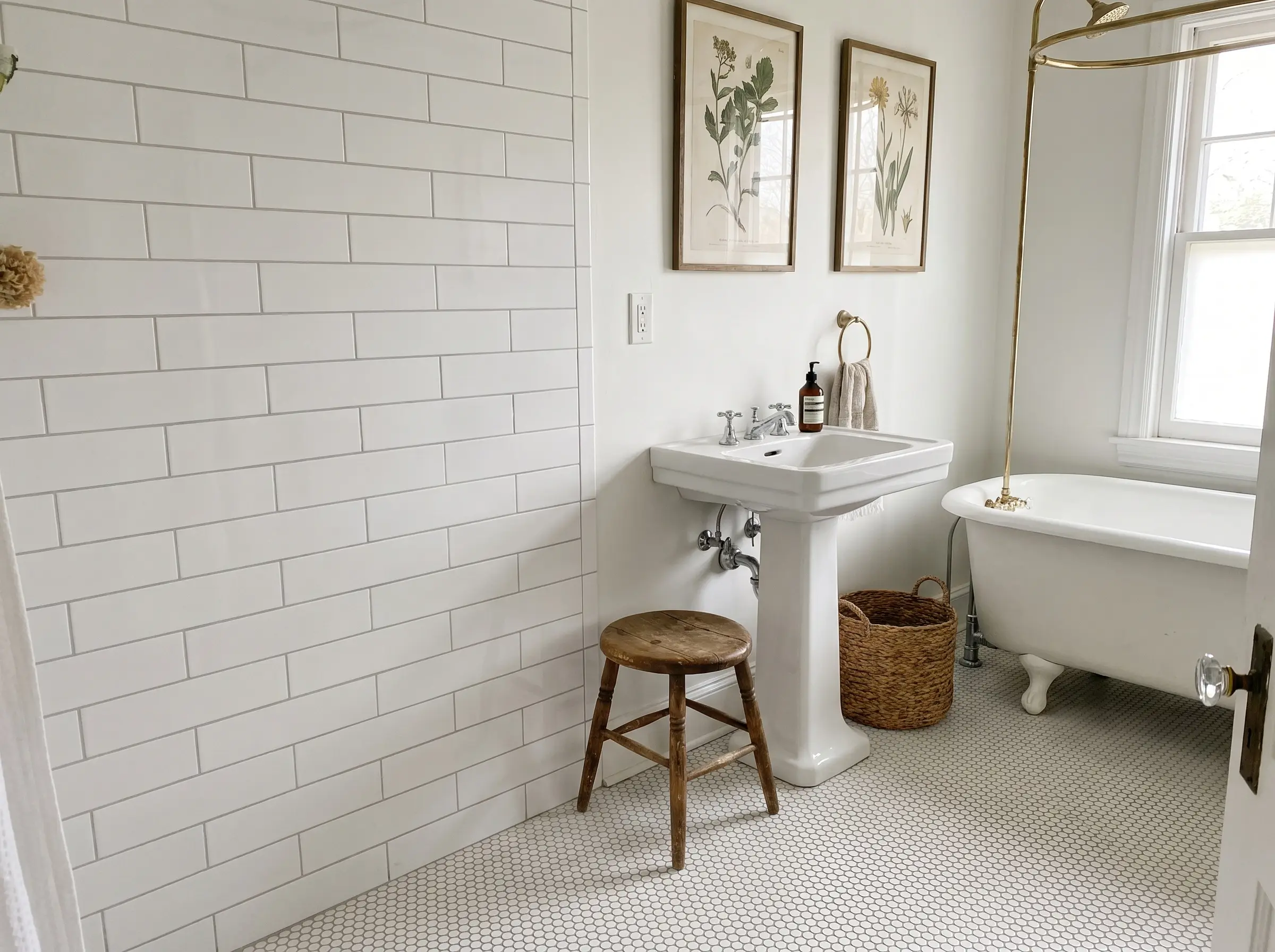 Large format rectangular subway tile bathroom walls meet a micro-mosaic white penny tile floor, united by light gray grout around a classic clawfoot tub.
