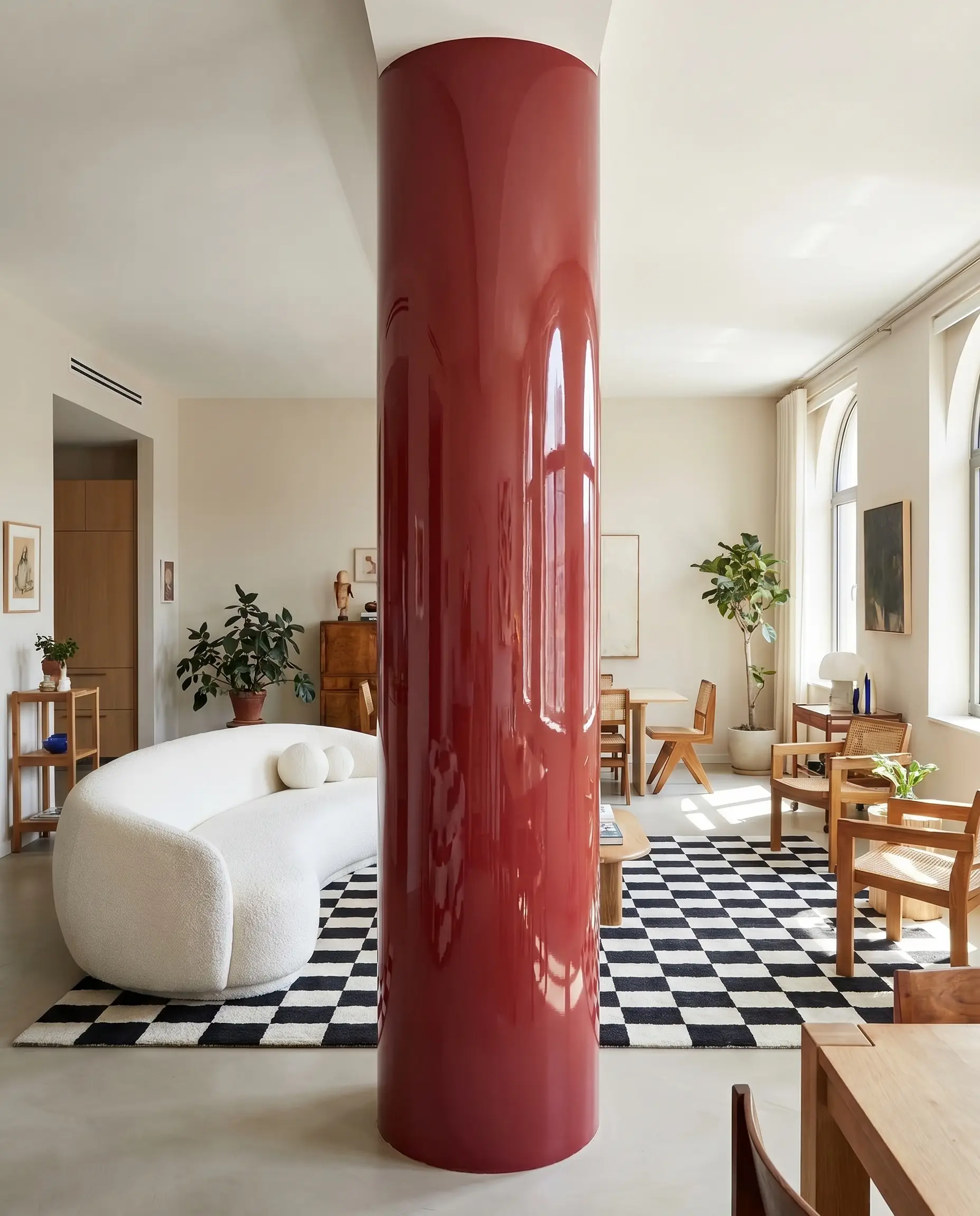 A high-gloss lacquered interior column painted Rectory Red anchors an eclectic open-concept living room styled with a sculptural white boucle sofa and checkered rug.