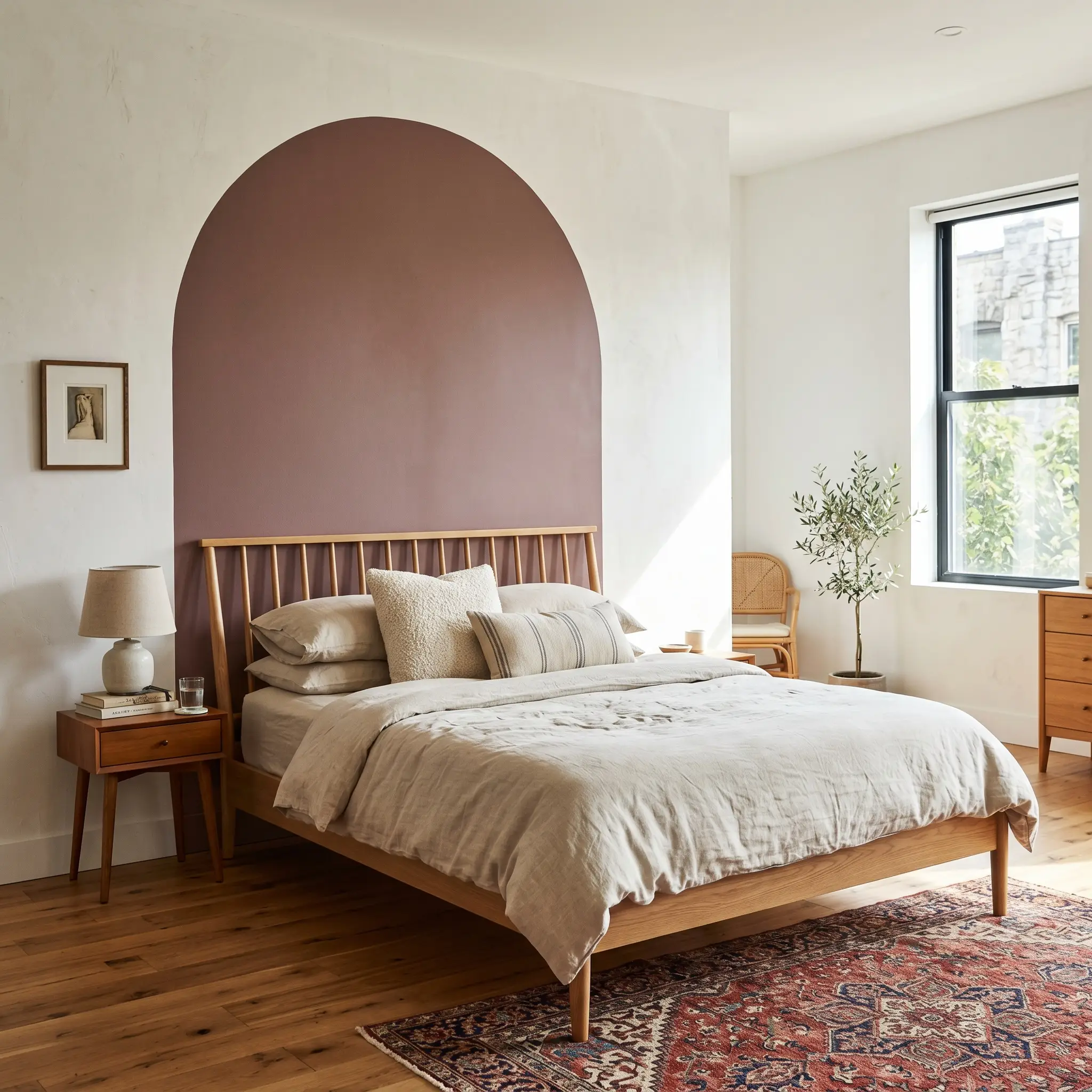 A color-blocked red-purple archway acts as a striking faux headboard behind a light oak spindle bed layered with washed linen sheets.