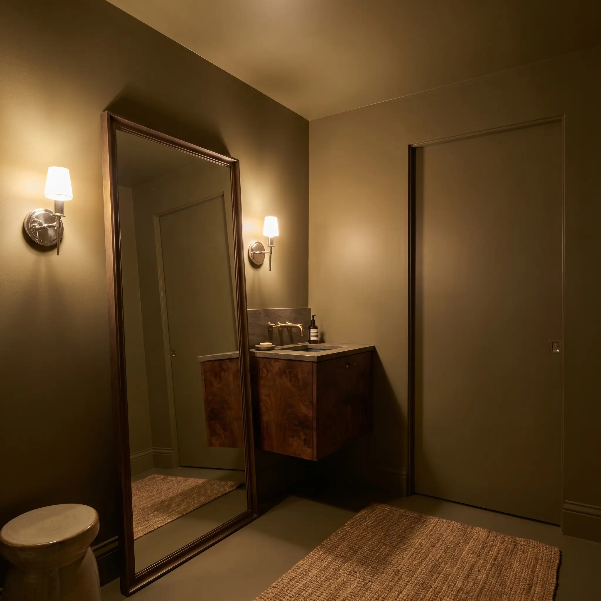 A floating burl wood vanity and polished nickel sconces anchor a windowless powder room color-drenched in a deeply saturated historic neutral architectural finish.