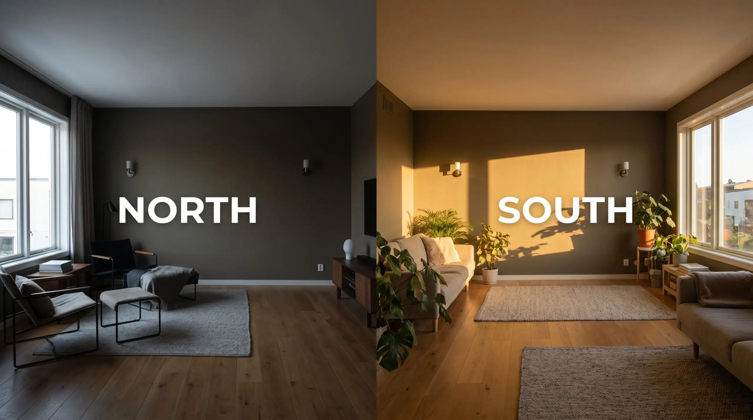 A split-screen living room demonstrates a yellow-green chromatic profile shifting from deep shadowed spaces in cool Northern light to earthy warmth in Southern exposure.