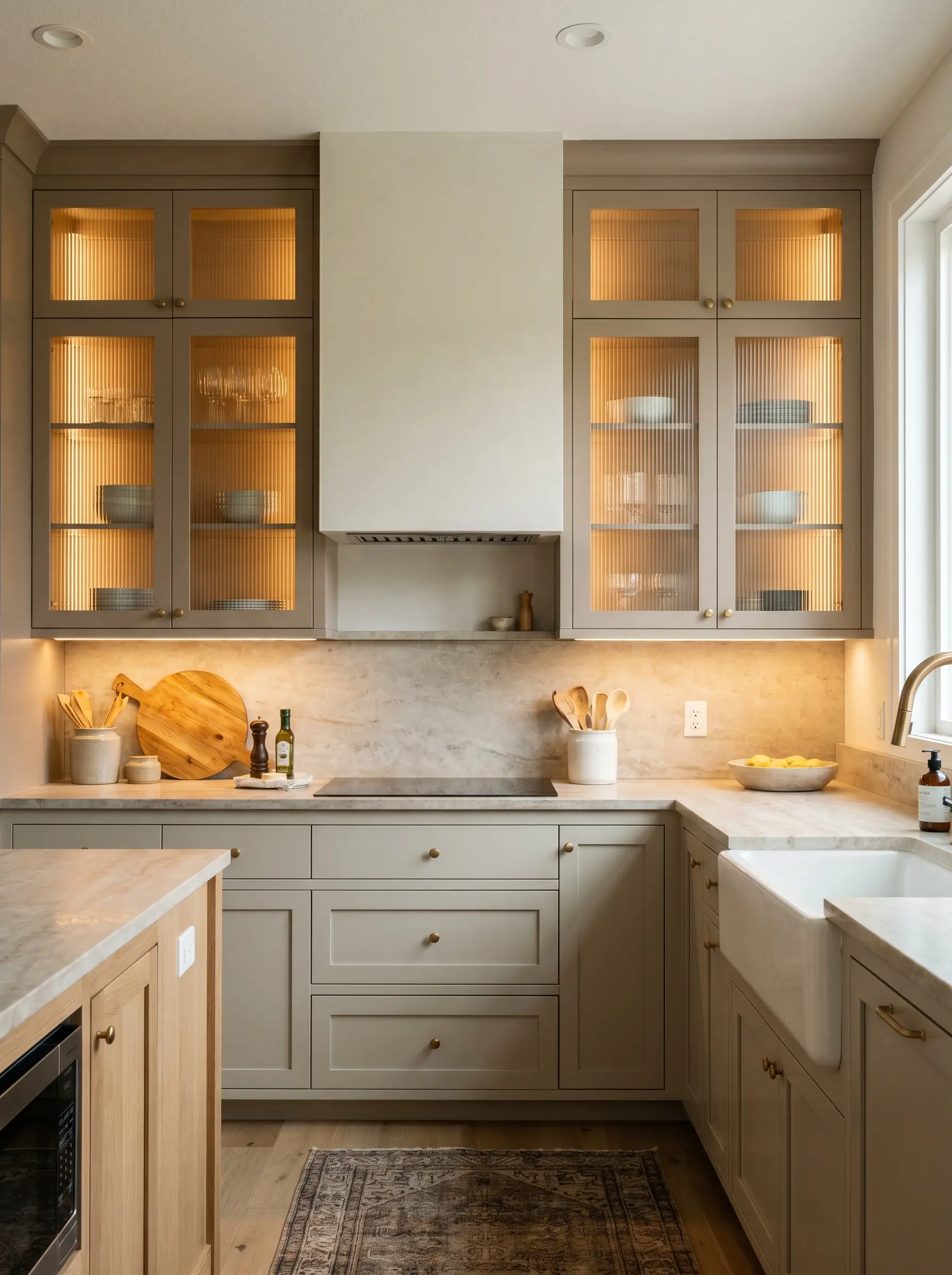 Upper kitchen cabinets featuring reeded glass inserts and internal LED tape lighting add vertical rhythm above solid greige lower cabinets.