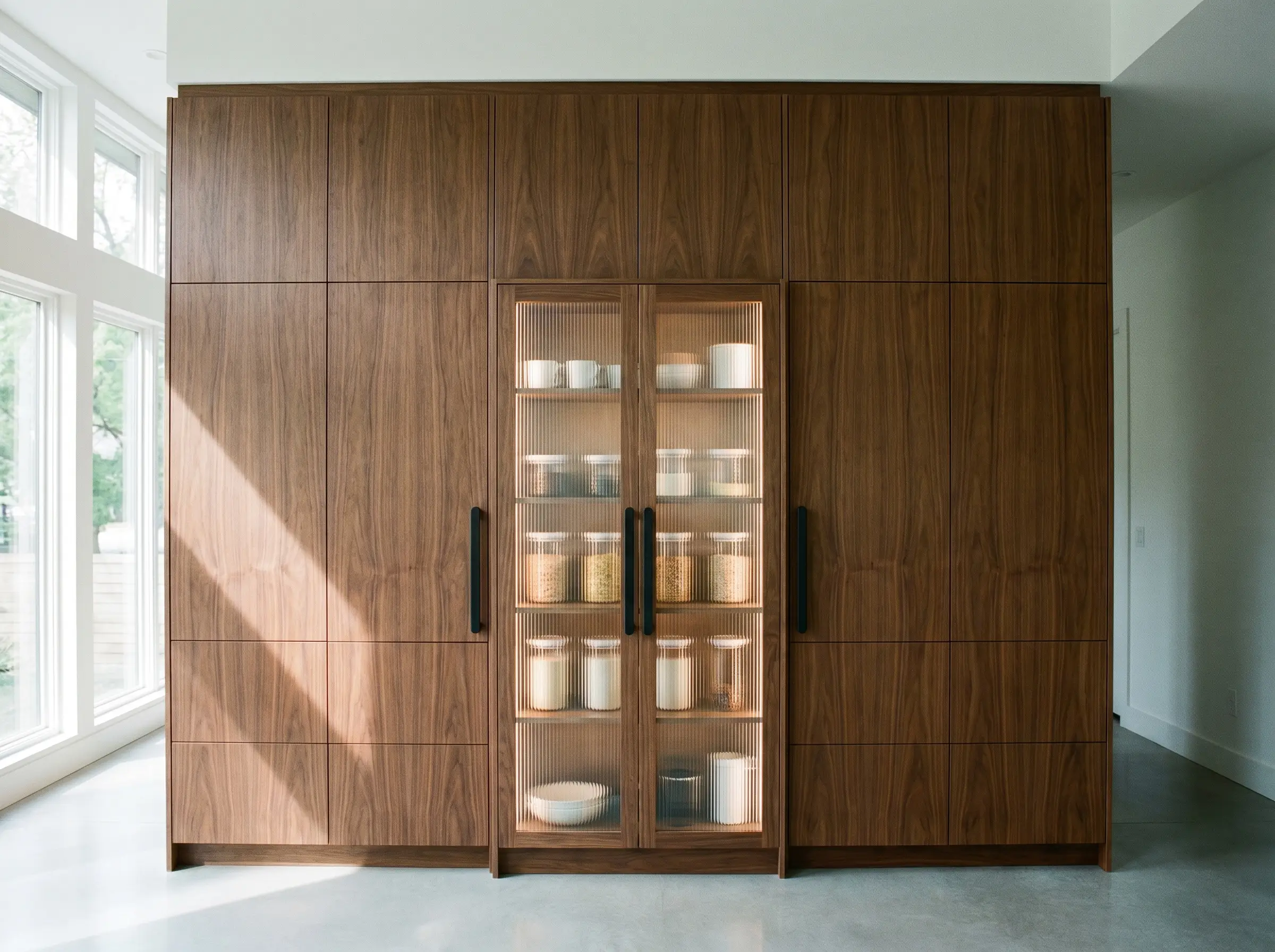 A massive floor-to-ceiling rift-sawn walnut veneer appliance wall centers around a freestanding pantry with fluted glass doors and matte black pulls.