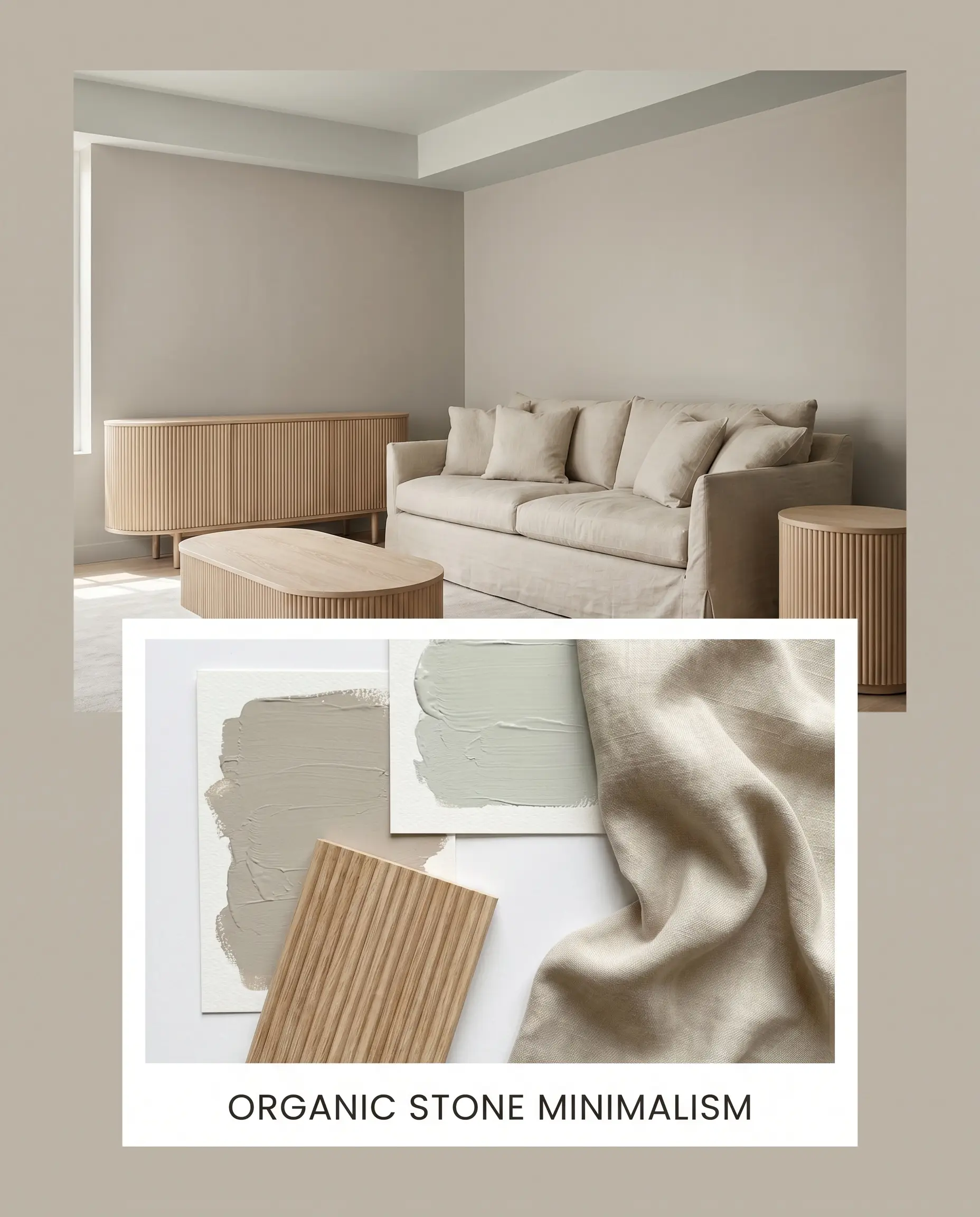 Undulating reeded white oak furniture and a slipcovered linen sofa anchor a room painted SW Anew Gray above a flat-lay of soft linen and oak samples.