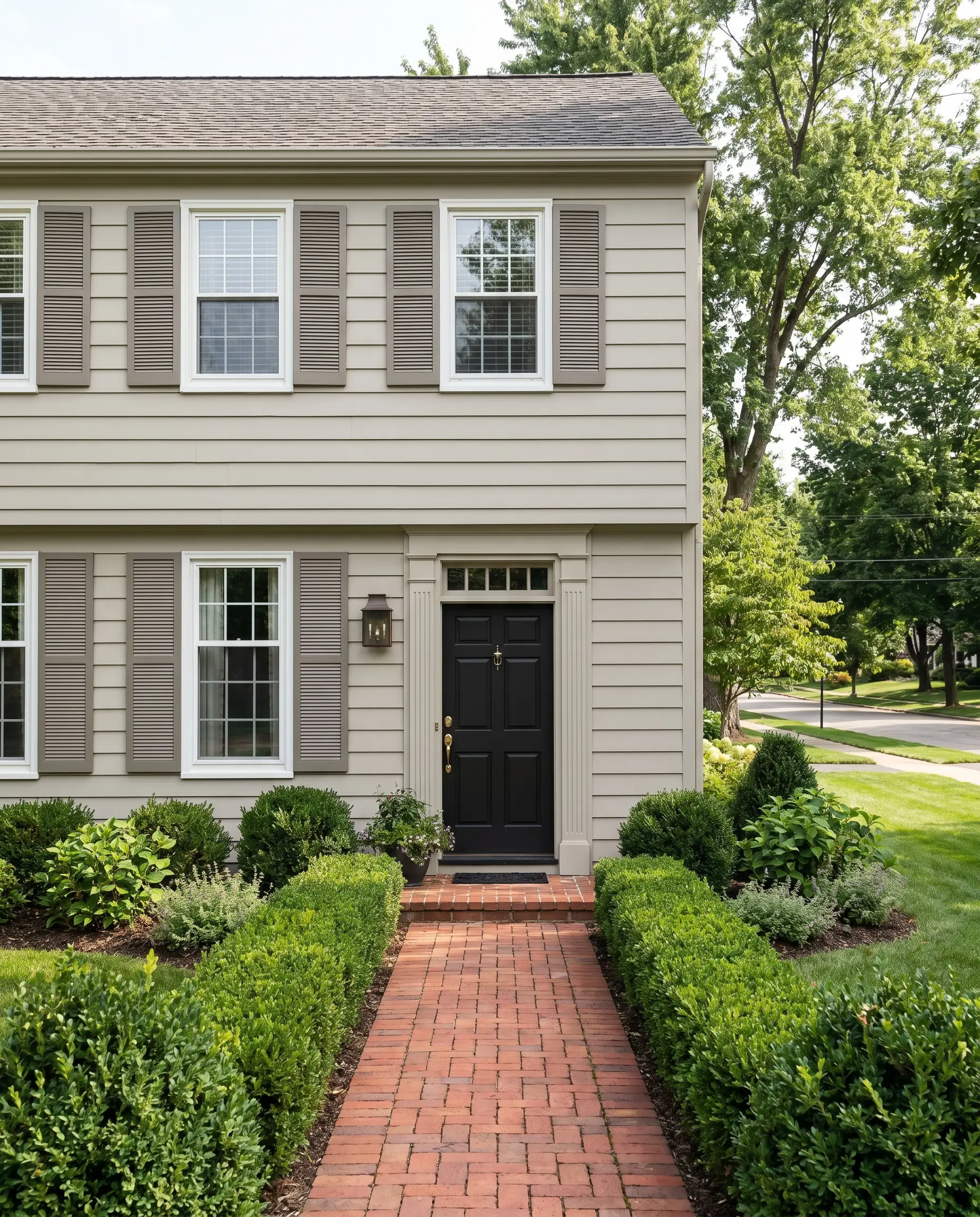 Classic greige exterior siding surrounds a deeply saturated black front door and warm gray shutters on a tailored colonial traditional home.