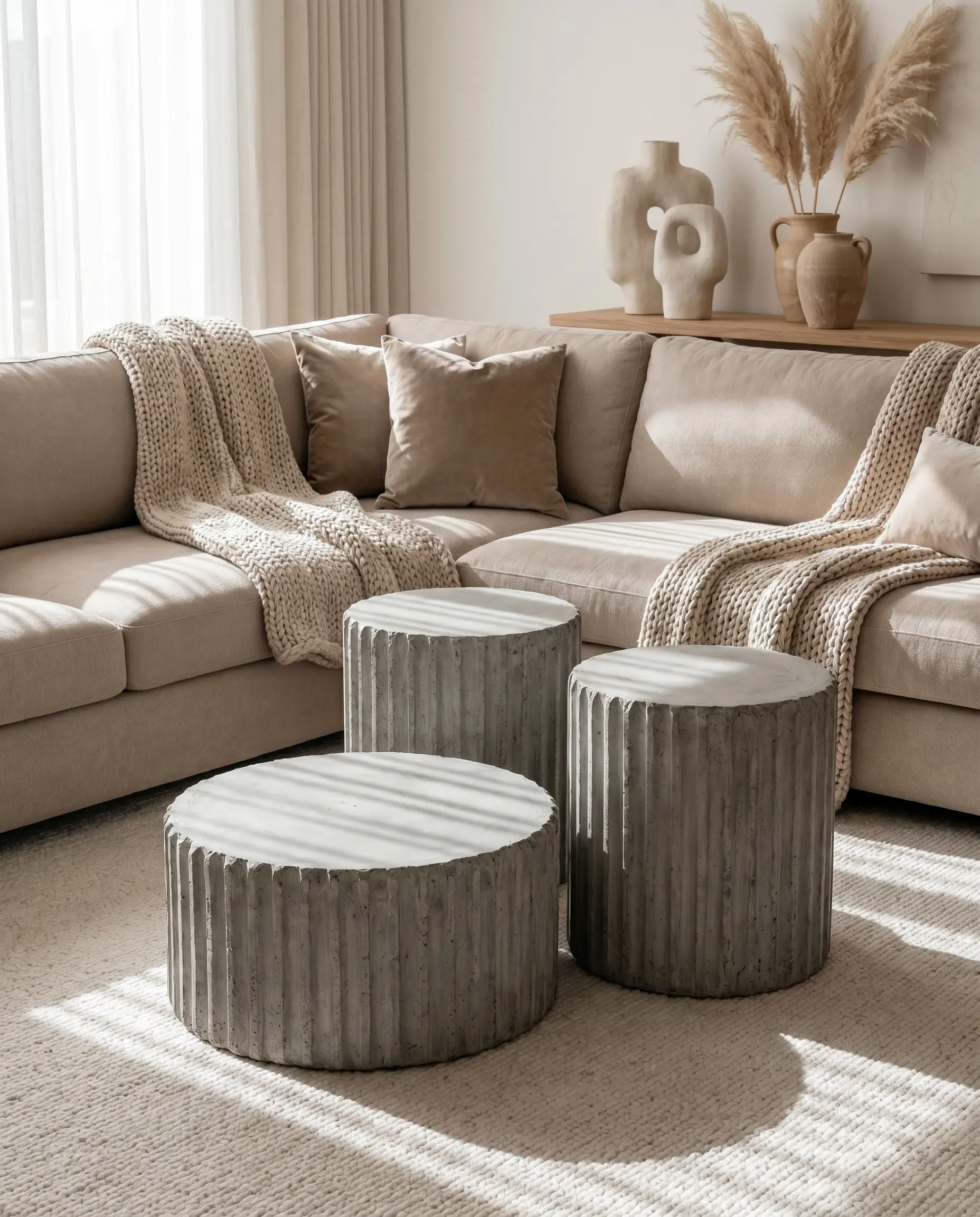 Three cast concrete cylinder coffee tables featuring deep ribbed architectural textures cluster together in front of a purely tonal seating arrangement.