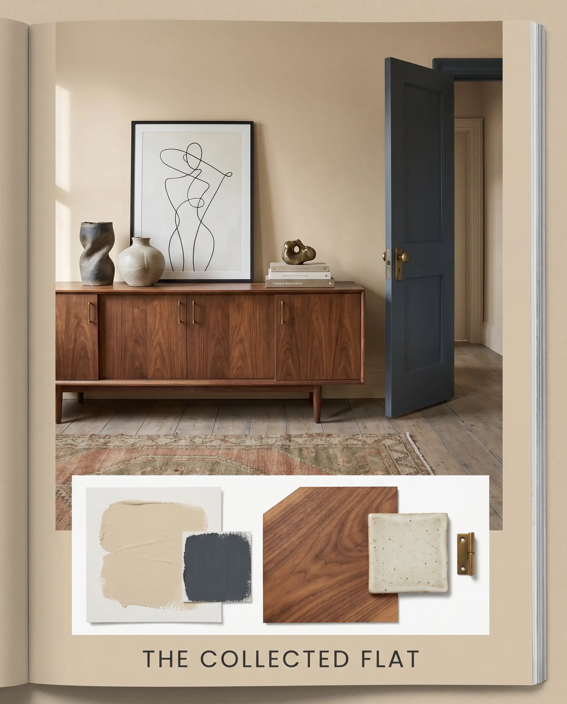 A rich walnut wood credenza, minimalist line art, and sculptural stoneware sit against warm off-white walls above a flat-lay featuring dark navy accents and natural wood veneer samples.