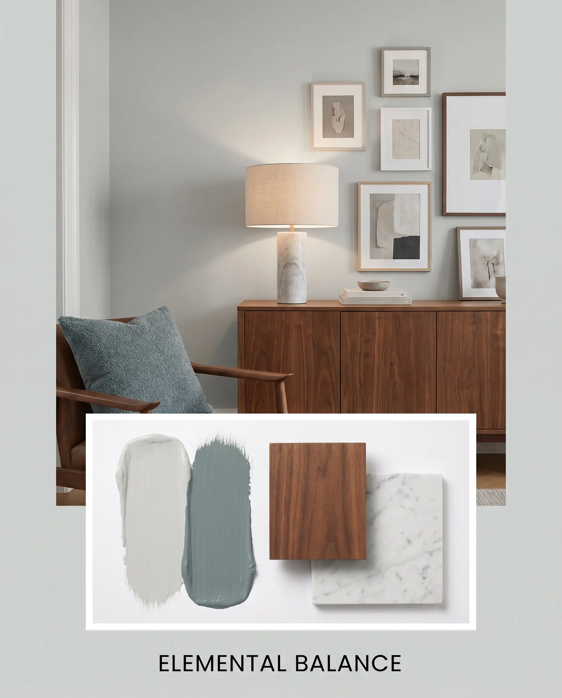 Rich walnut furniture and a honed marble surface anchor an asymmetrical gallery wall above a flat-lay containing physical paint textures and organic wood blocks.