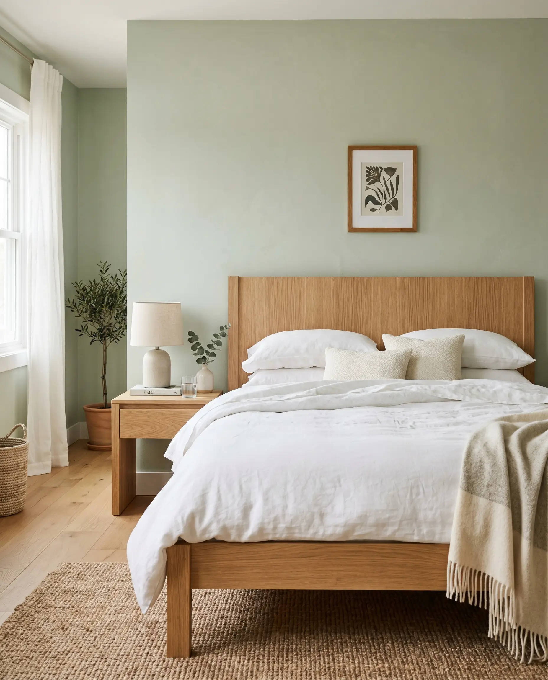 A raw, matte-finished rift-sawn white oak bed frame dressed in white cotton bedding rests against a pale, ethereal green painted surface.