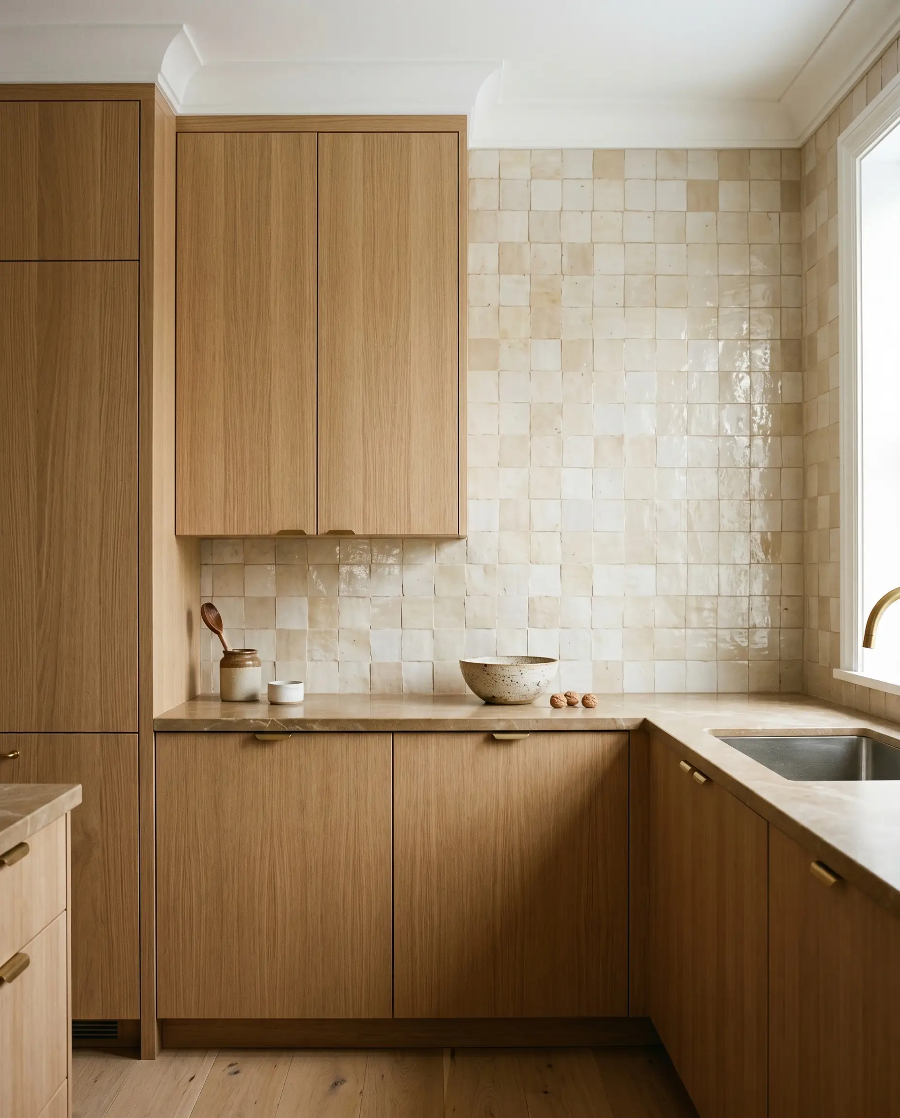 Flat-panel rift-sawn white oak cabinetry creates architectural tension against an irregular, undulating authentic Moroccan zellige tile wall and refined stone countertops.