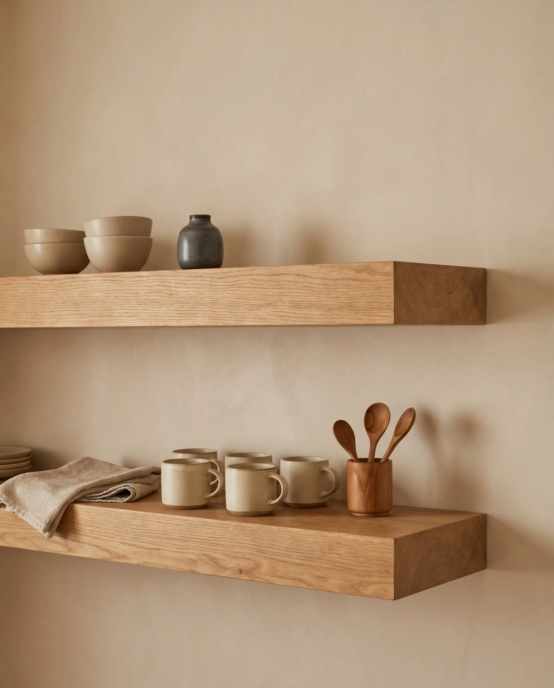 Thick rift-sawn oak floating shelves mounted against a seamless micro-cement kitchen wall display a curated arrangement of functional ceramics with ample negative space.