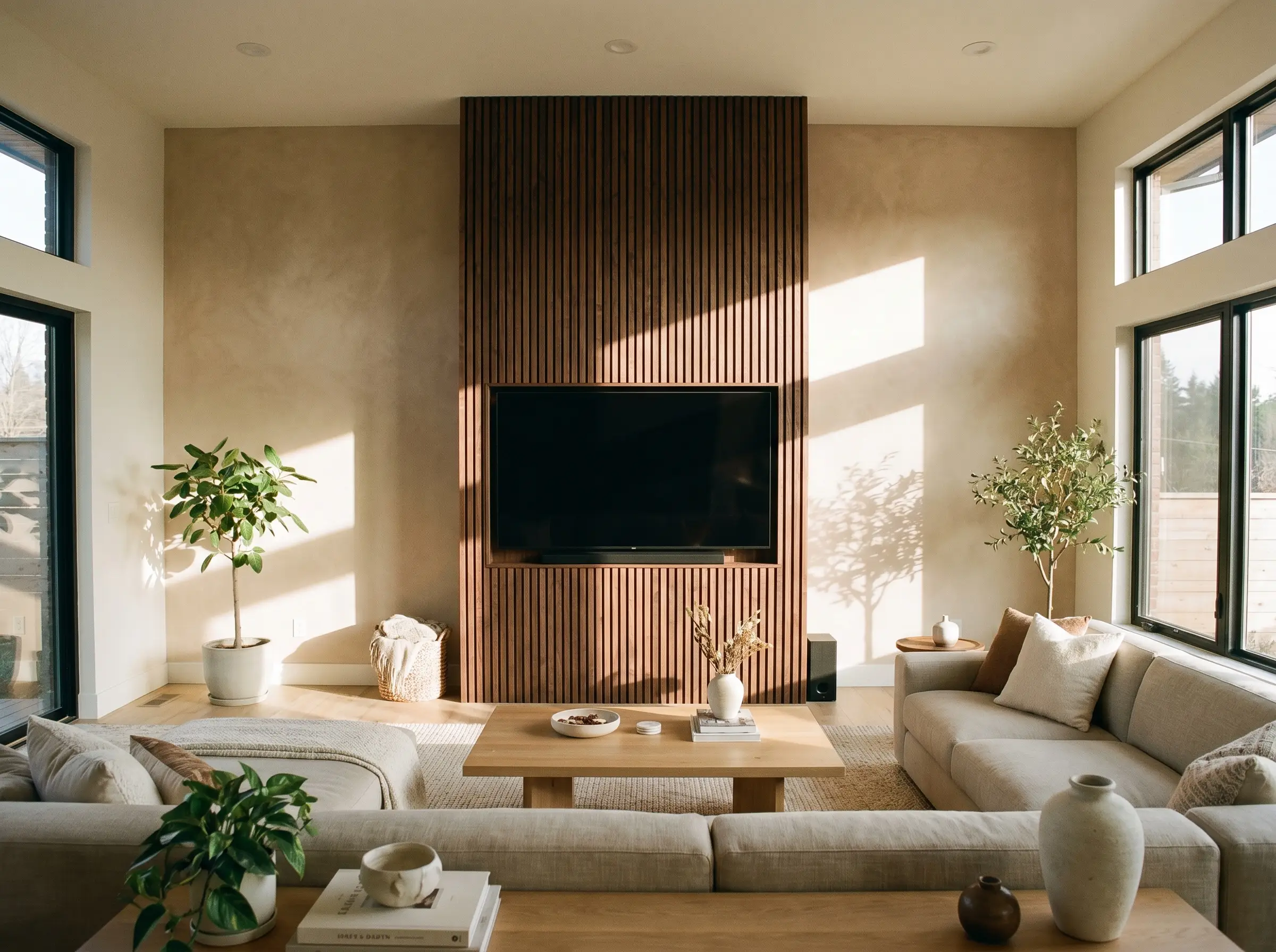 A central column of rift-sawn walnut battens holds a mounted television between warm beige Roman clay plaster walls in a modern organic living room.