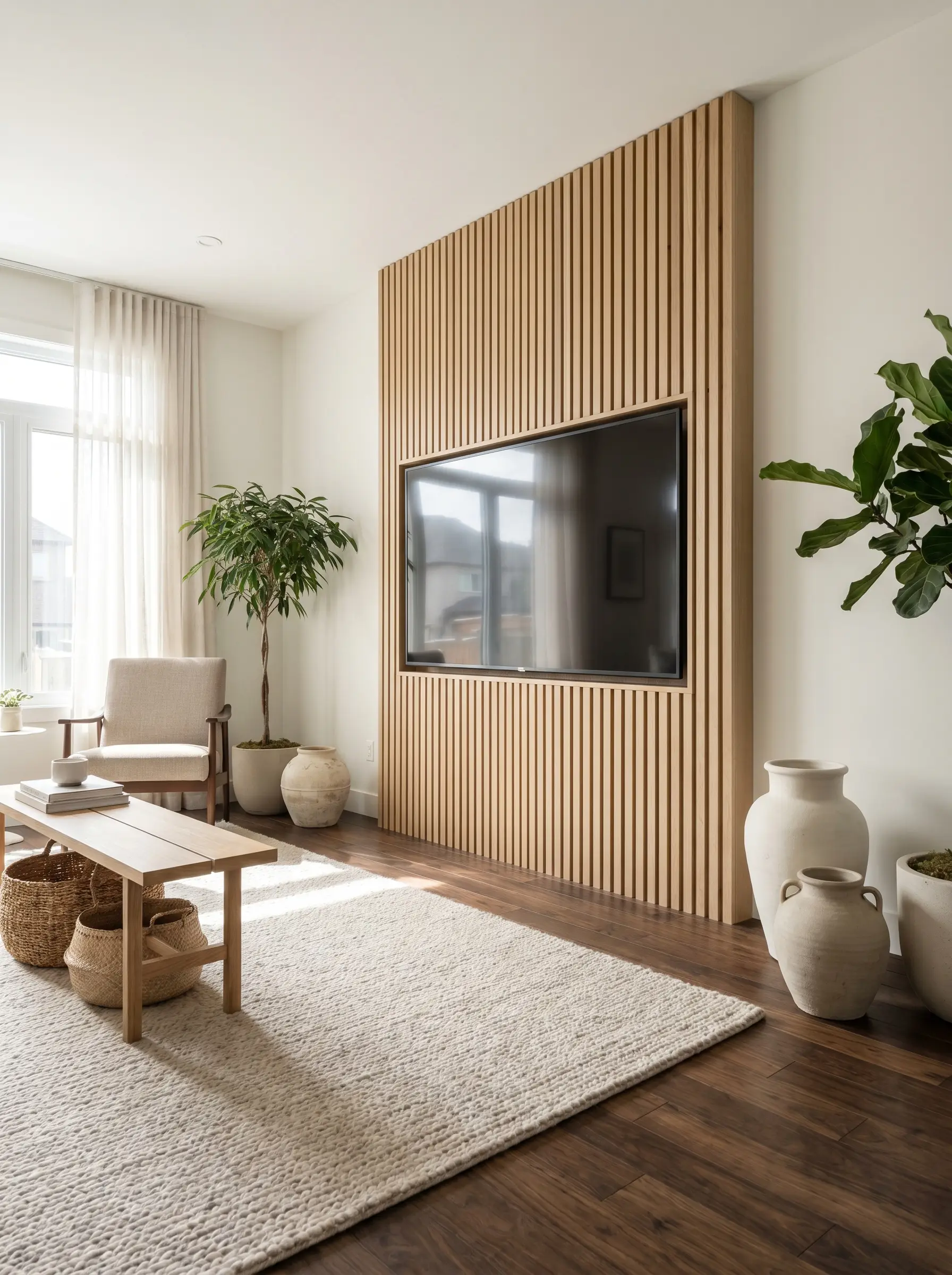 A flat-screen television mounts flush against one-inch rift-sawn white oak slats sealed with a matte clear coat above dark hardwood floors.