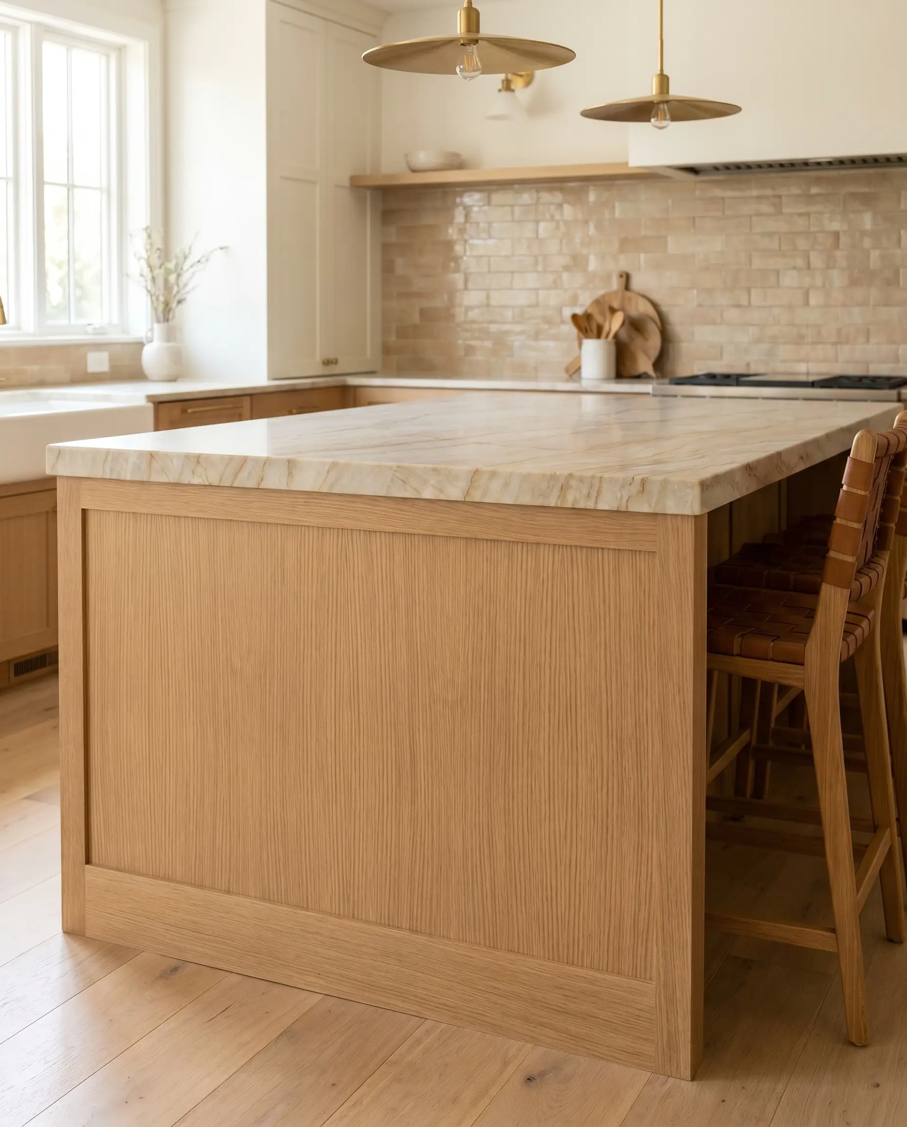 Vertical grain rift-sawn white oak cabinets support a thick slab of premium beige and gold veined stone with warm undertones.