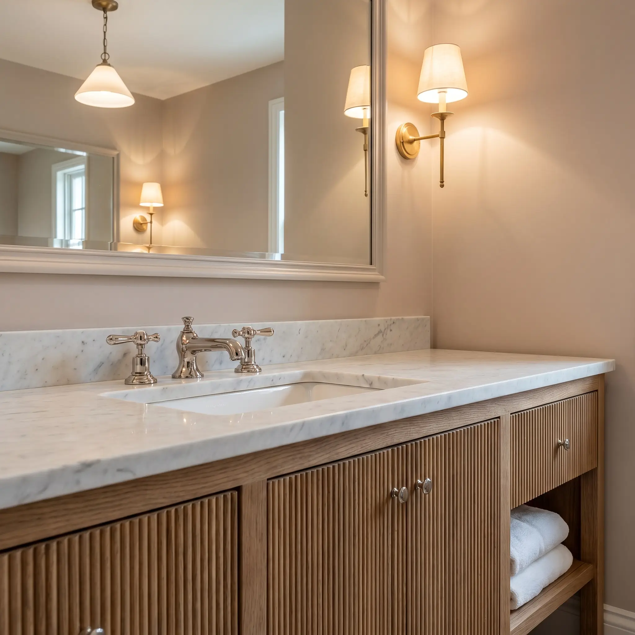 A premium bathroom cabinet made of rift-sawn wood veneer showcases perfectly straight linear grain that aligns beautifully with the vertical fluted millwork.