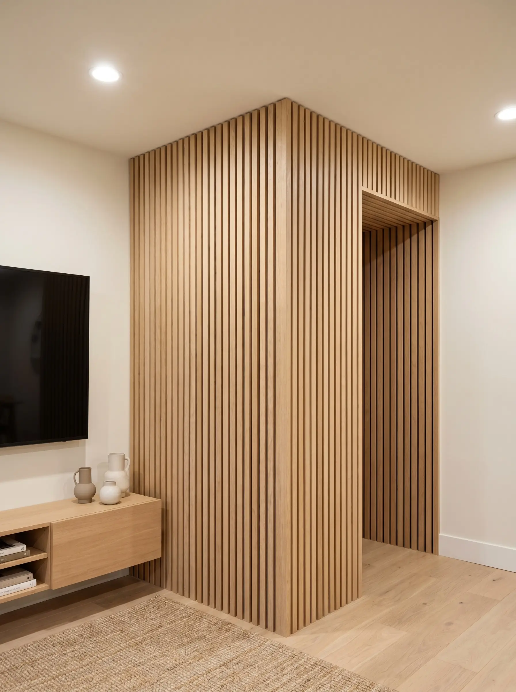 Custom rift-sawn wood veneer slats wrap seamlessly around an outside corner next to a flat-screen television and a simple floating console.