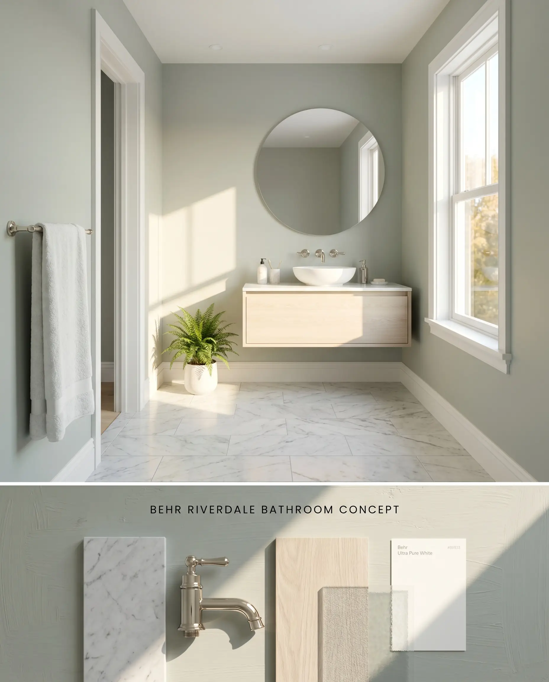 A split digital conceptual board for a spa-like bathroom featuring a muted sage green hue above, paired with honed Carrara marble and polished nickel textures below.