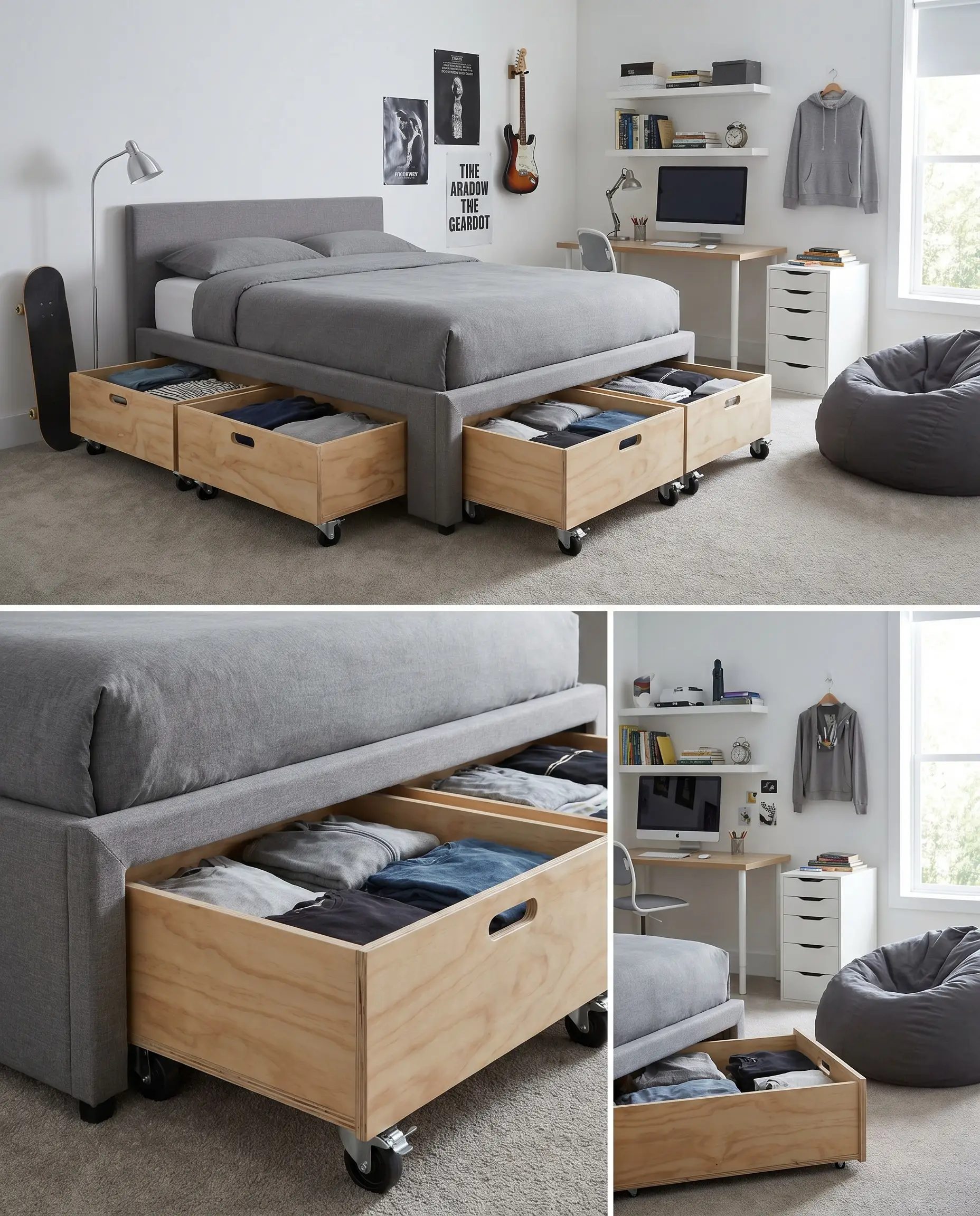 Heavy-duty rolling wooden storage drawers with casters pull out slightly from underneath a modern upholstered bed frame.