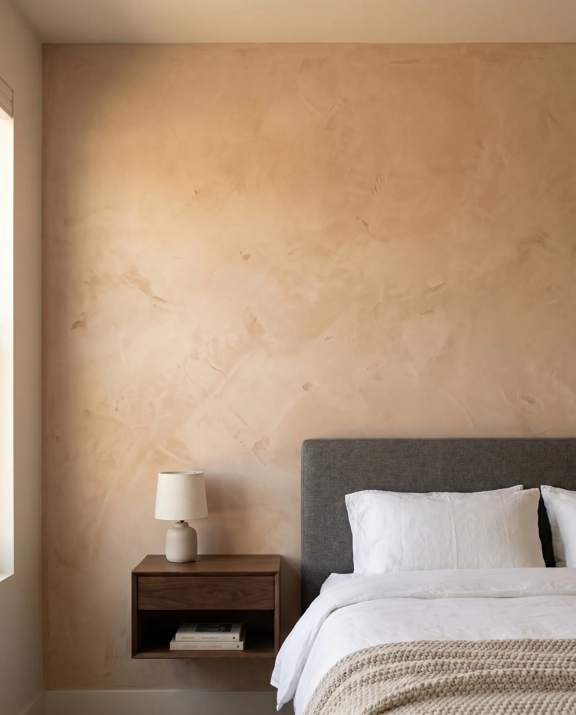 A high-end upholstered headboard with crisp white bedding and a sleek modern nightstand sit against a textured, peach-earthy Roman clay plaster accent wall.