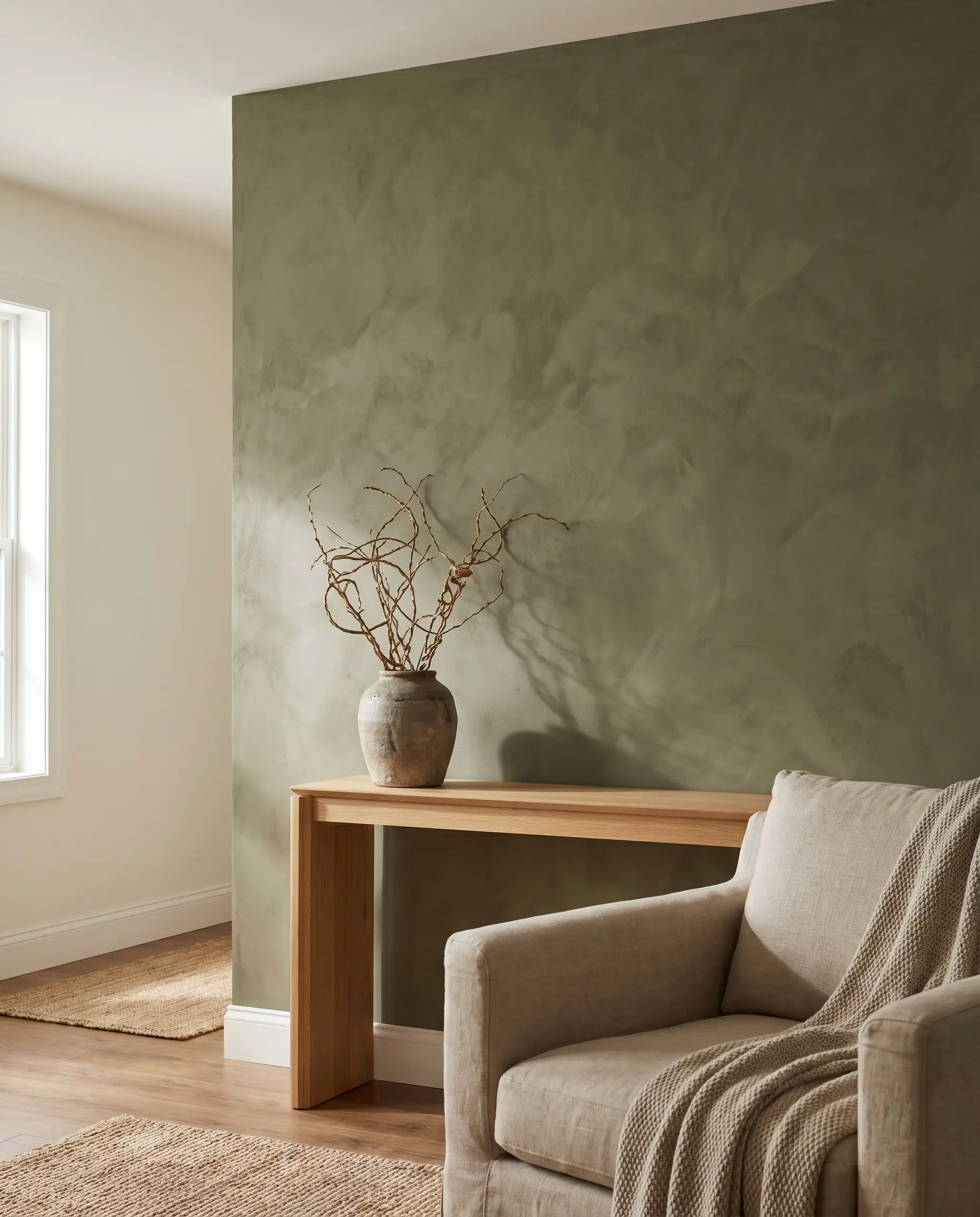 A light oak console table holding a ceramic vase and dried branches stands against a tactile Roman clay mottled plaster wall.