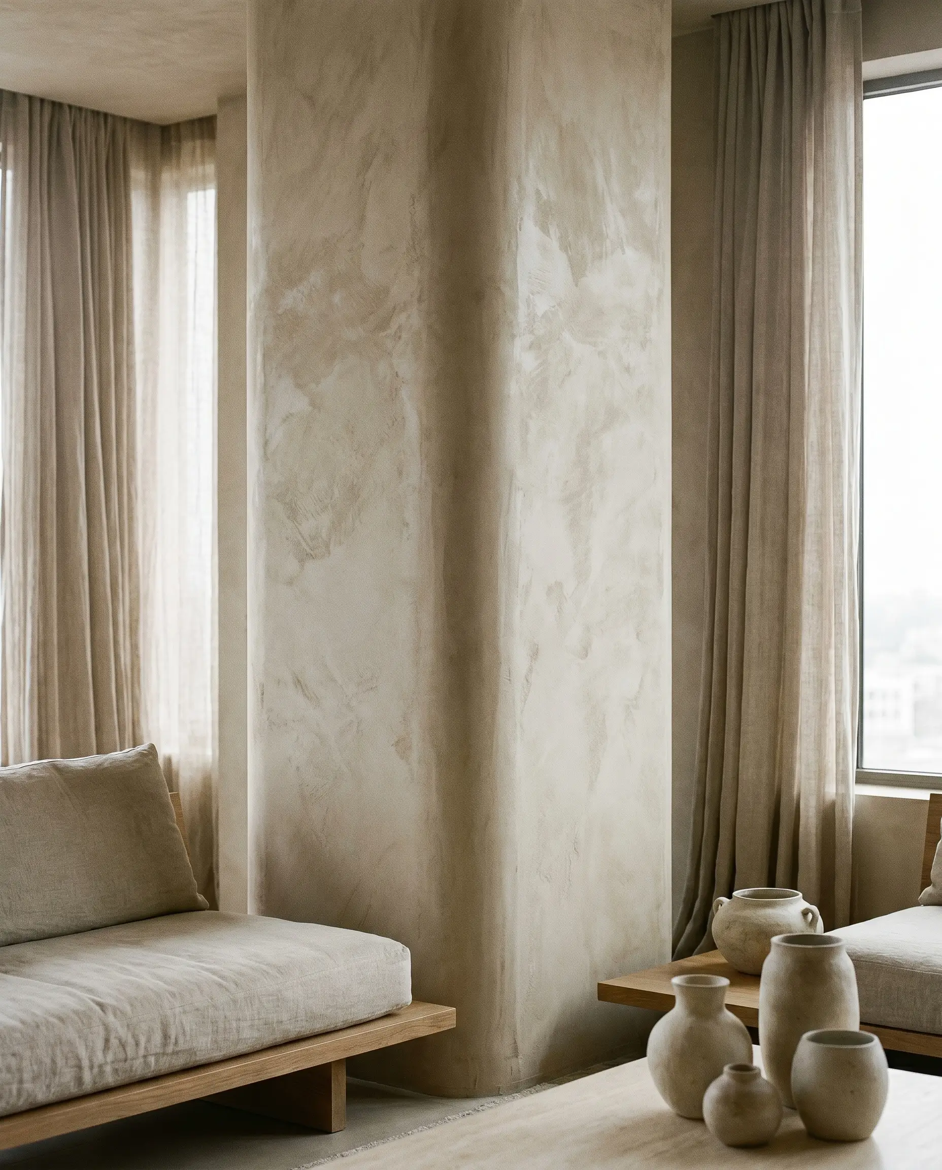 Hand-troweled Kensington beige Roman clay plaster coats a monolithic interior column in a wabi-sabi minimalist space with raw linen drapery and a low-slung platform sofa.