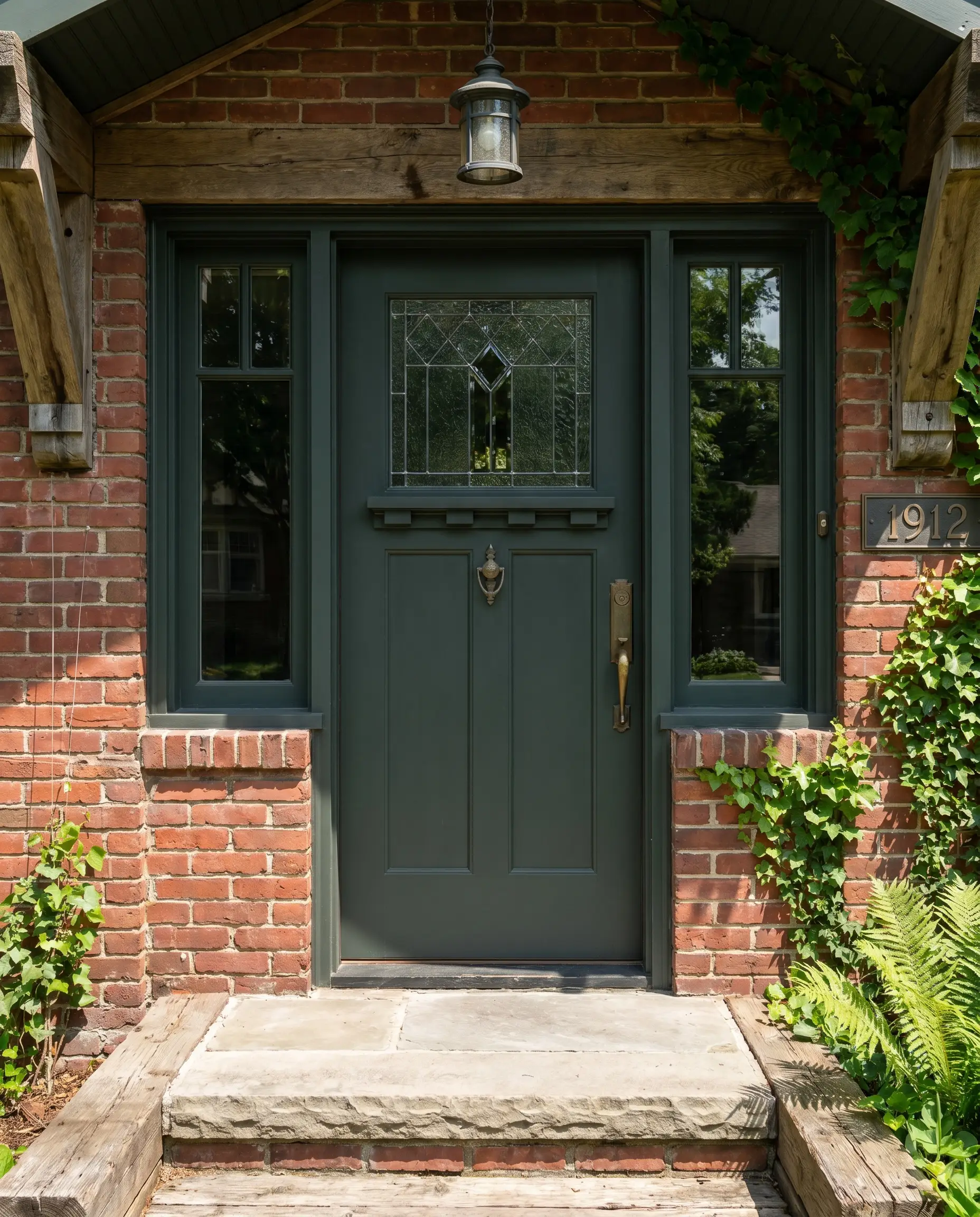 A deep blackened green painted historic entry door and flanking window sashes sit above a sturdy stone porch step on a red brick Craftsman.