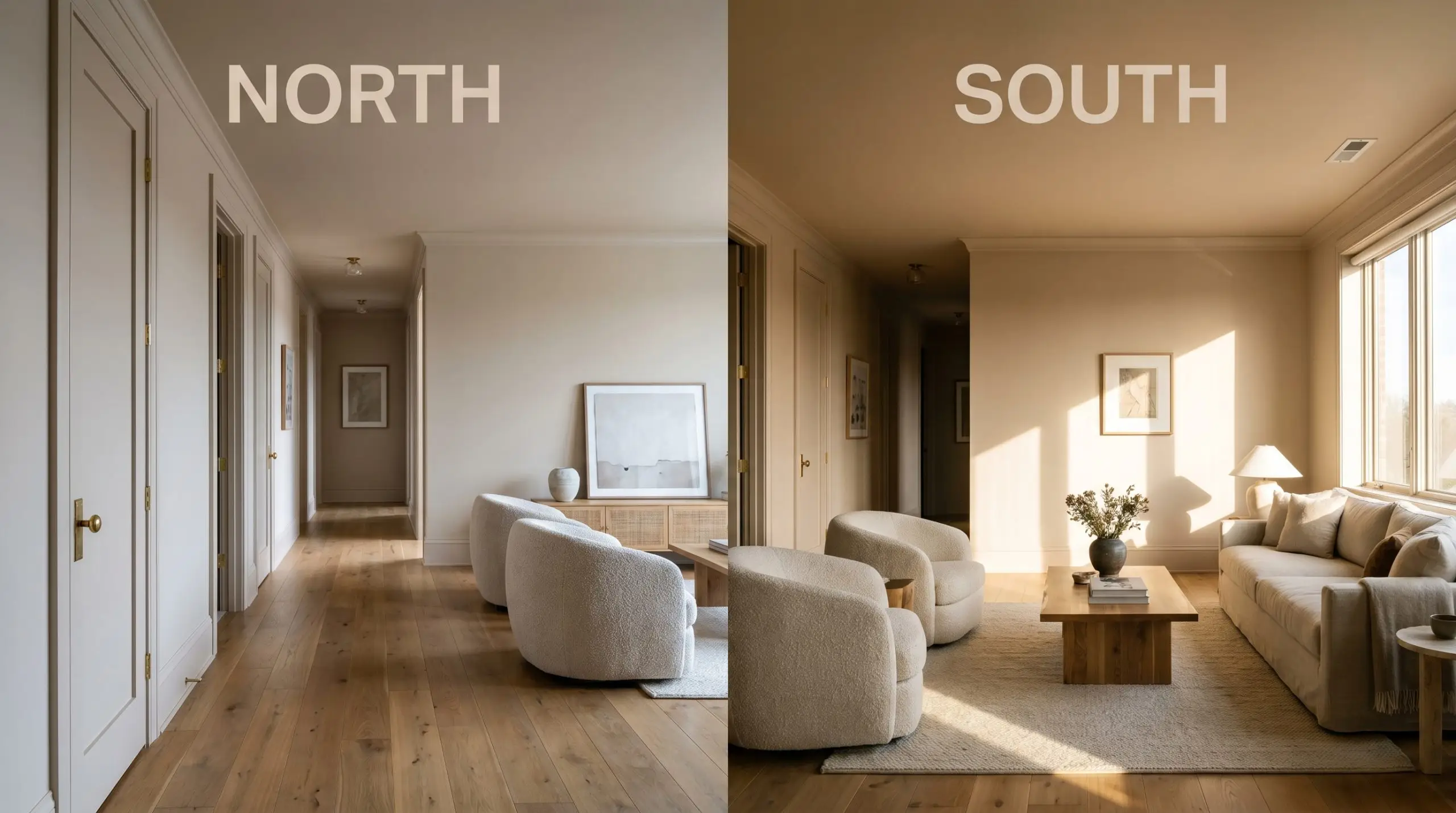 A continuous accessible luxury hallway shifts from muted earthy beige in cool Northern light to warm blush-toned hues in direct Southern exposure.