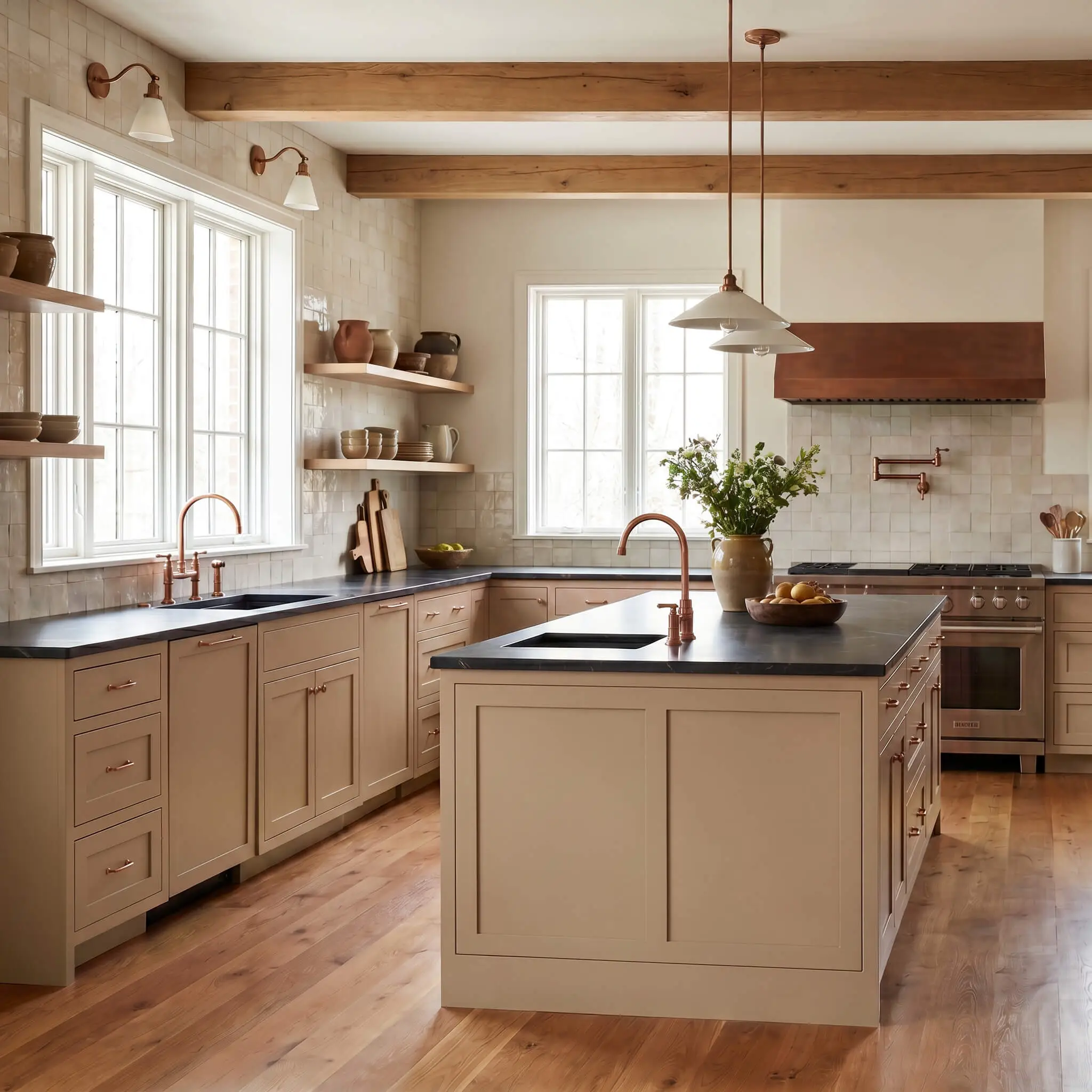 Lower kitchen cabinets painted a muted architectural brown feature unlacquered copper fixtures and honed black soapstone counters against a creamy zellige tile backsplash.