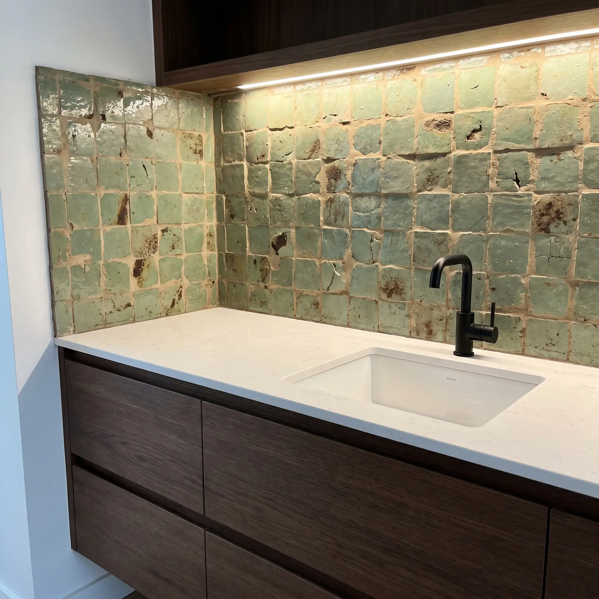 A clean modern floating vanity contrasts with a highly rustic green clay wall featuring trace amounts of earthy mortar left in the irregular chips.
