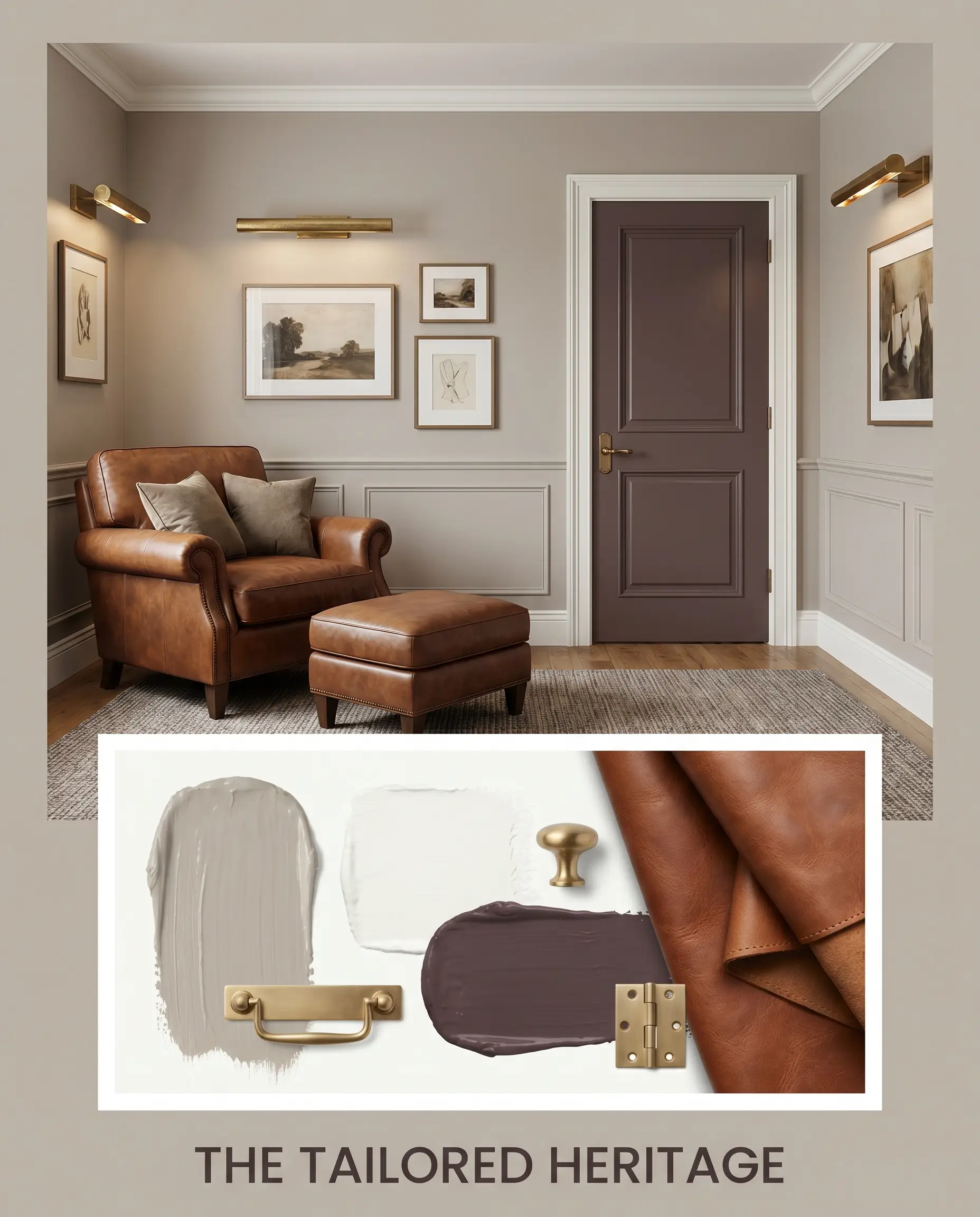 Deep saddle leather seating and unlacquered brass picture lights sit above a flat-lay showcasing a mushroom paint color palette integrated with raw brass hardware.