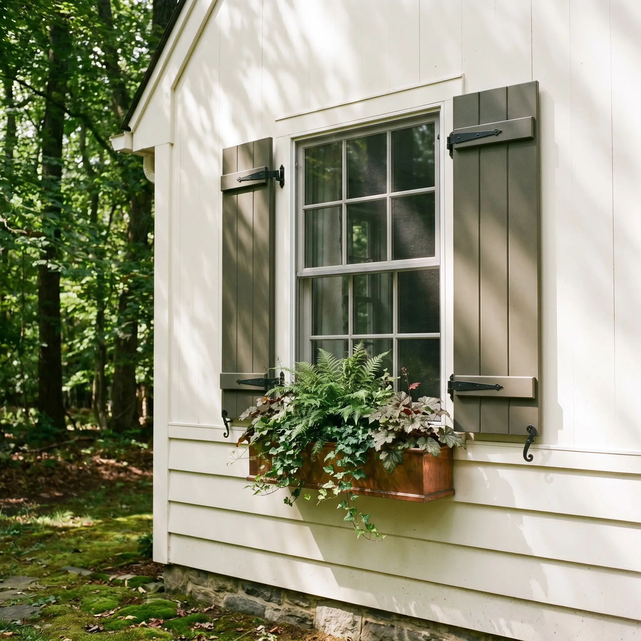 Traditional exterior window shutters painted in an organic historic green-grey frame a classic double-hung window alongside a copper window box filled with trailing plants.