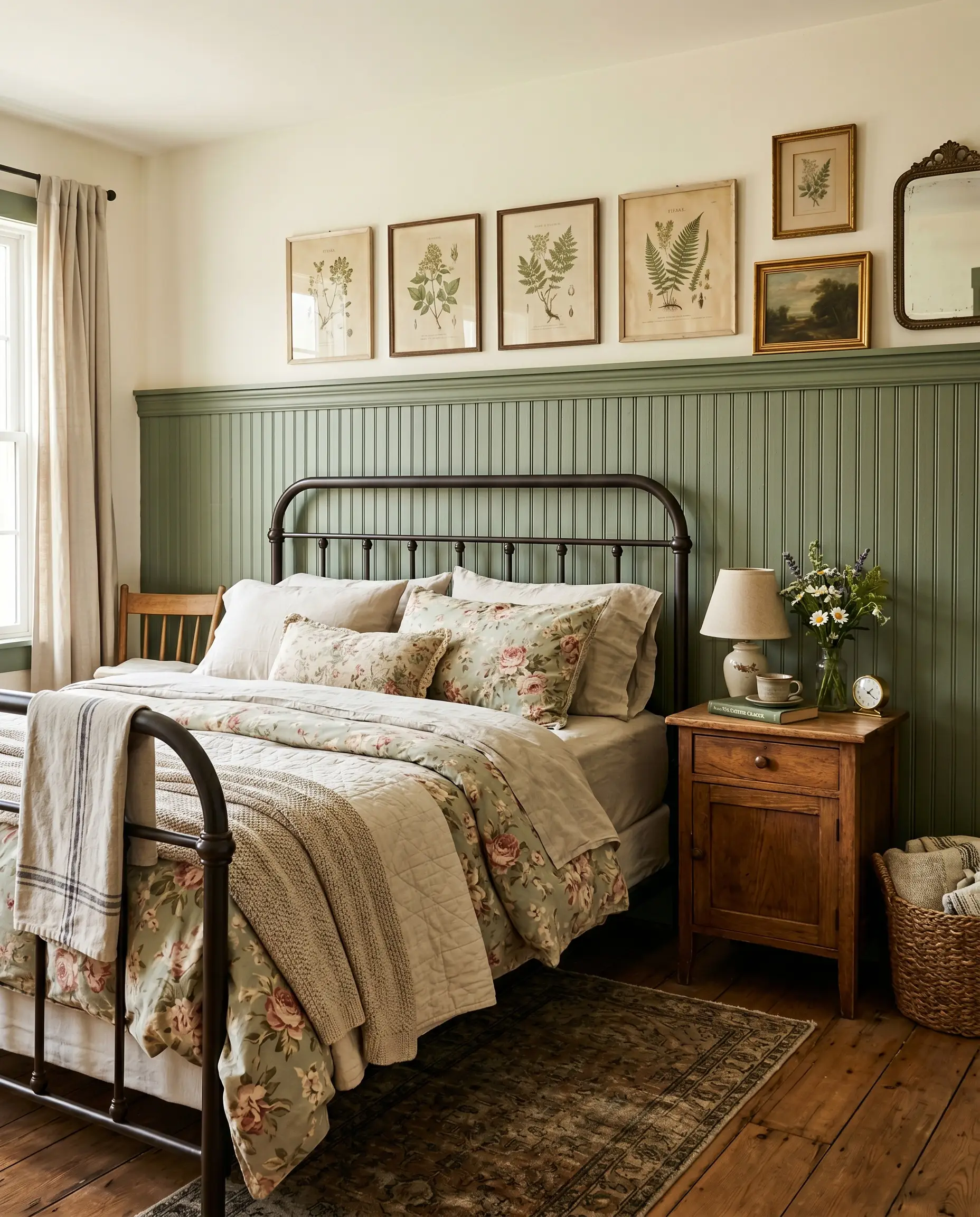 Traditional beadboard wainscoting painted in a medium green grounds an iron bed frame and a vintage wood nightstand below a warm white upper wall.