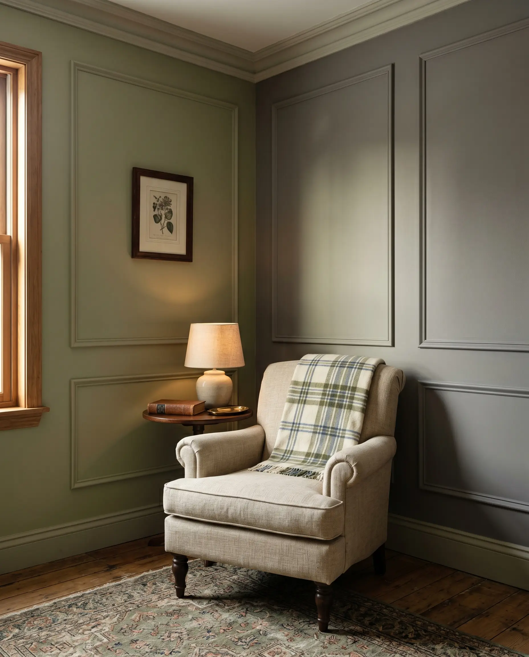 A classic upholstered armchair sits beside subtle picture molding, showcasing historic Farrow and Ball French Gray for elegant sage green bedroom wall ideas.
