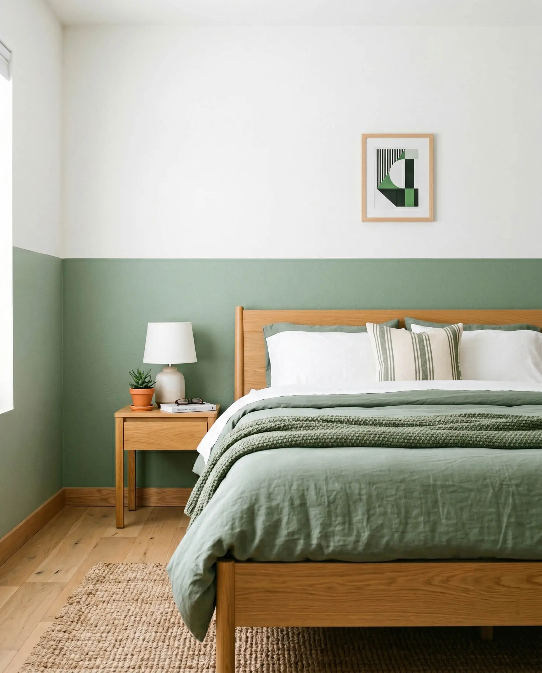 A crisp horizontal line separates neutral white upper drywall from lower sage green bedroom wall ideas grounding a modern wooden bed frame.