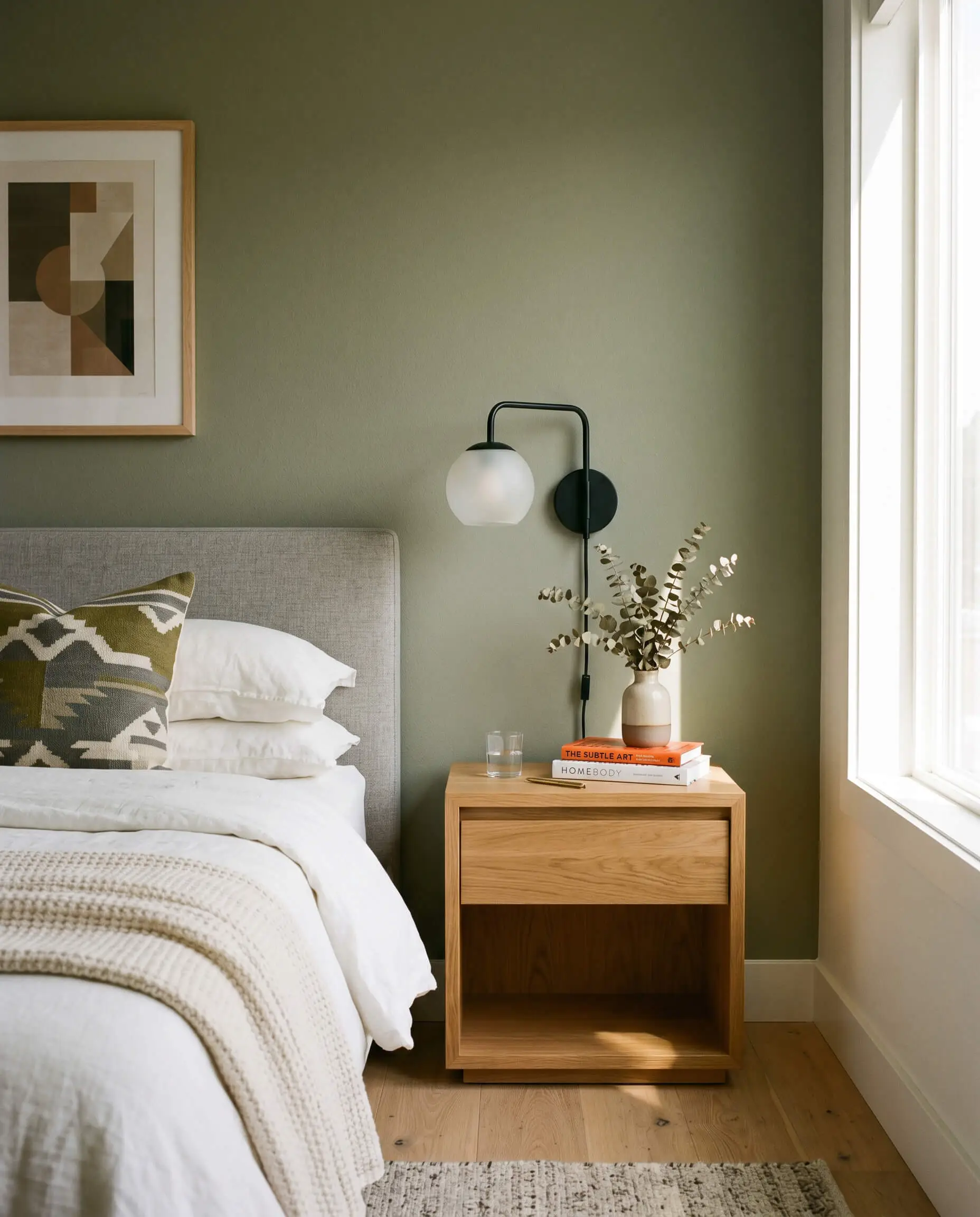 A contemporary, clean-lined wooden nightstand styled with a simple modern sconce sits against a muted olive green painted surface with a gray anchor.