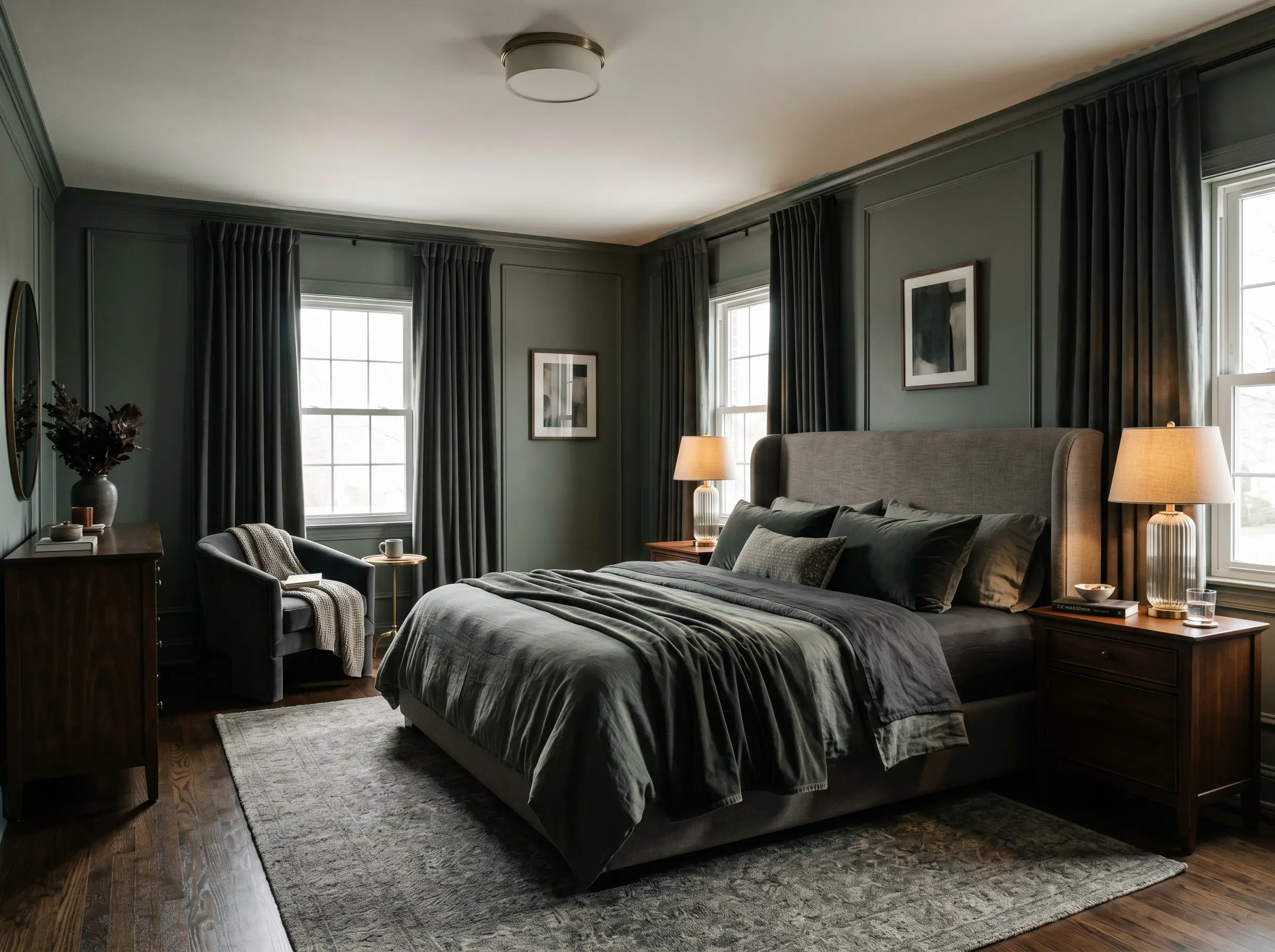 Heavy velvet blackout curtains and a plush upholstered headboard flank classic wooden nightstands topped with fluted glass table lamps in a dark green suite.