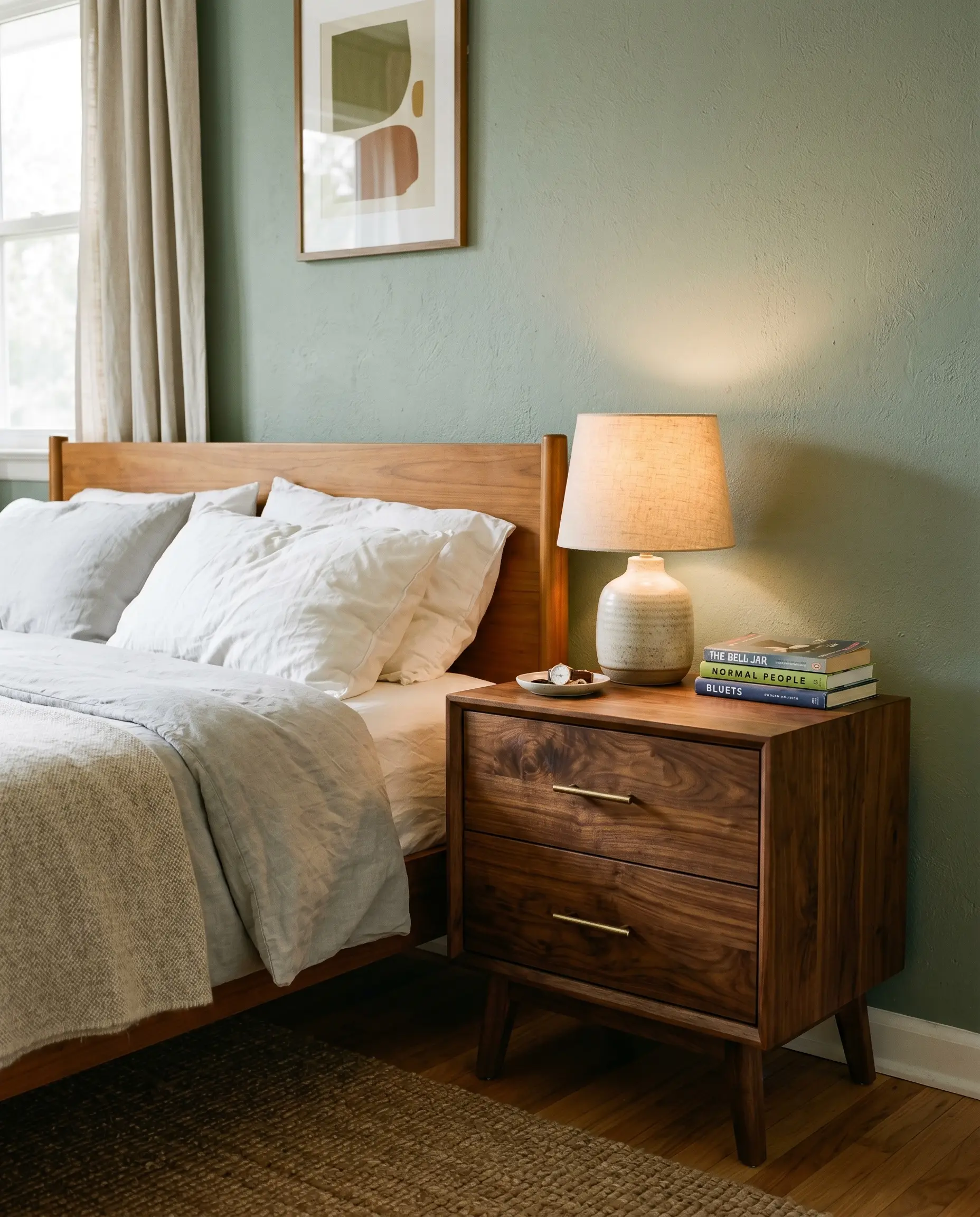 A solid mid-century modern walnut nightstand styled with a ceramic lamp and books sits against a cool-toned, desaturated green painted surface.