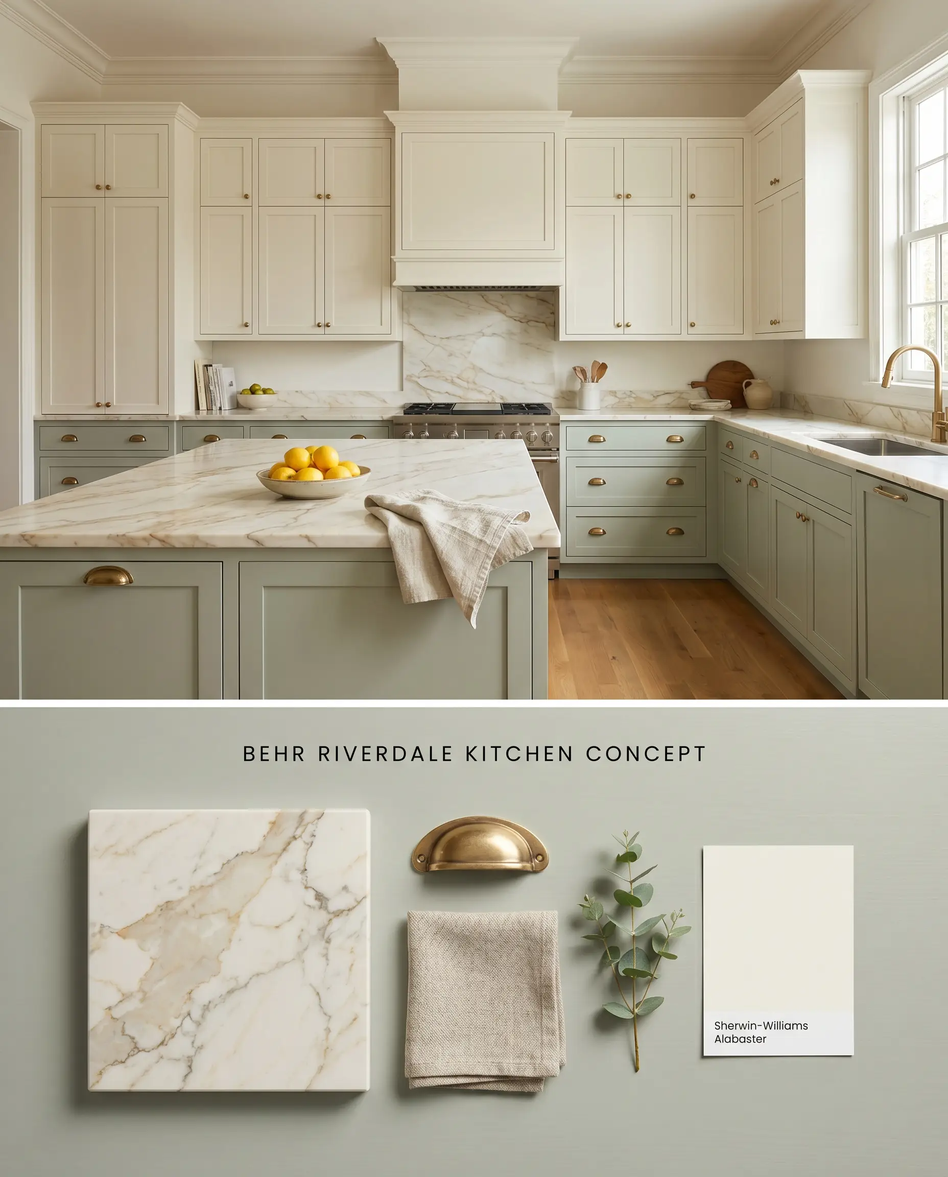 A split digital conceptual board for a kitchen showcasing Behr Riverdale lower cabinets above, with unlacquered brass cup pulls and warm-veined quartz samples below.